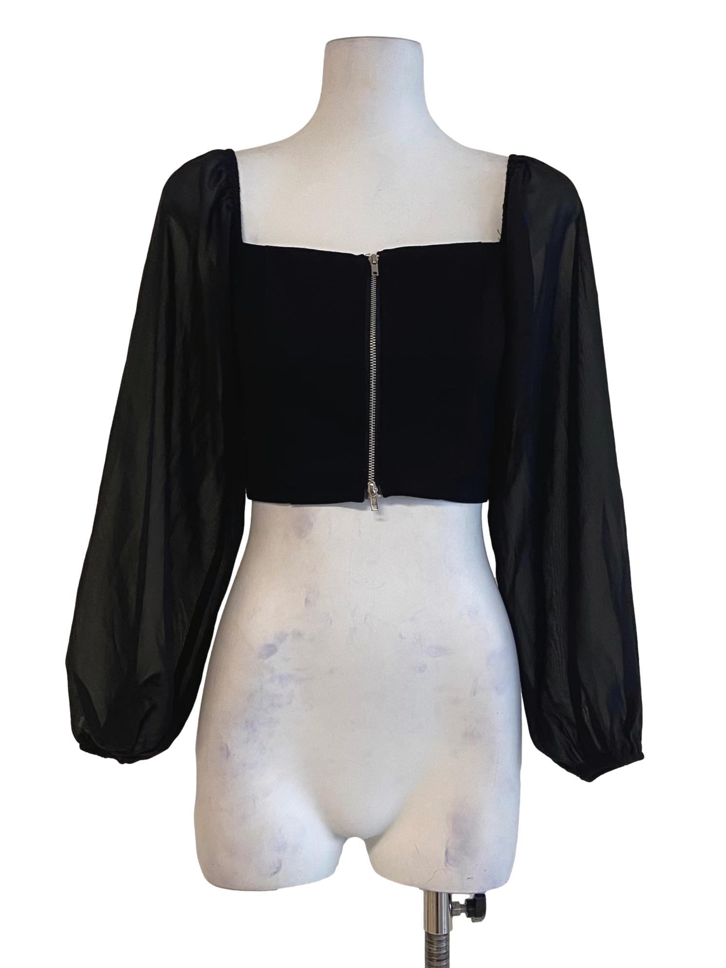 Black Square Neck Zipper Crop Top