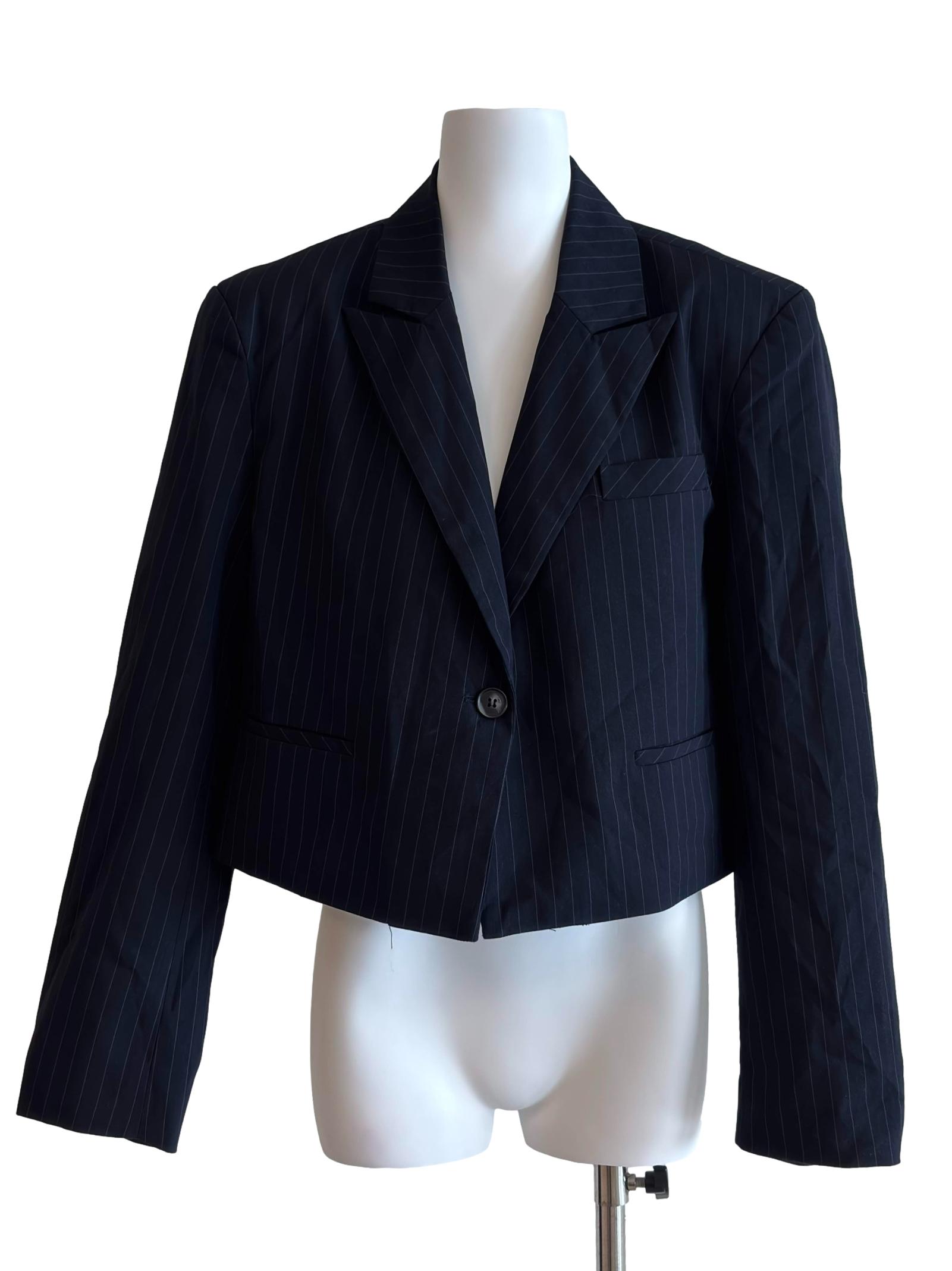 Dark Blue Pinstripe Crop Blazer