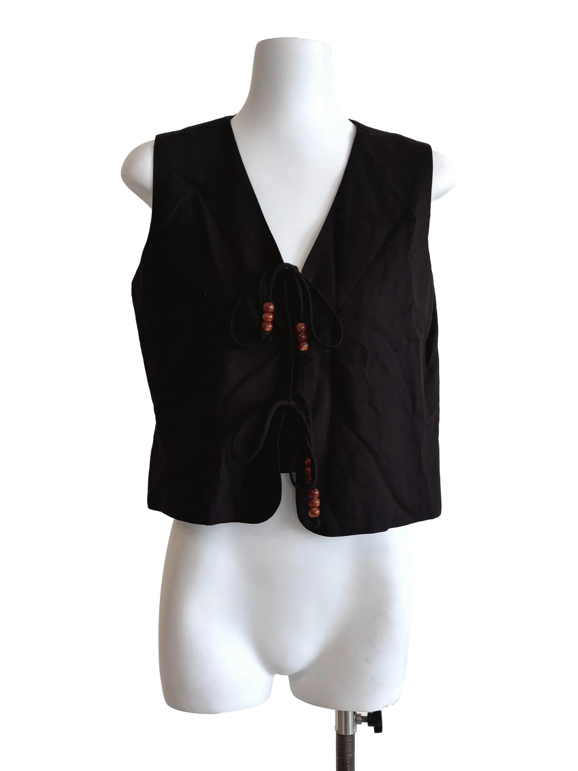 Rich Black Linen Ribbon Top
