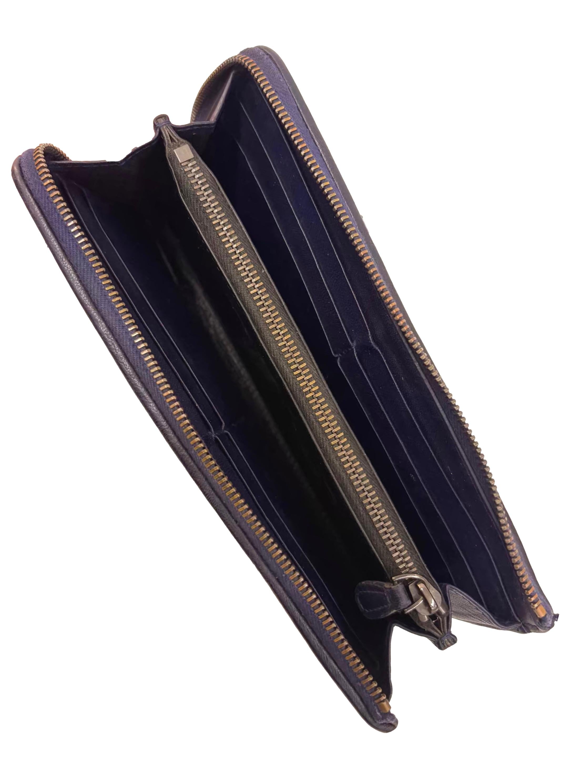 Navy Blue Intrecciato Leather Long Wallet