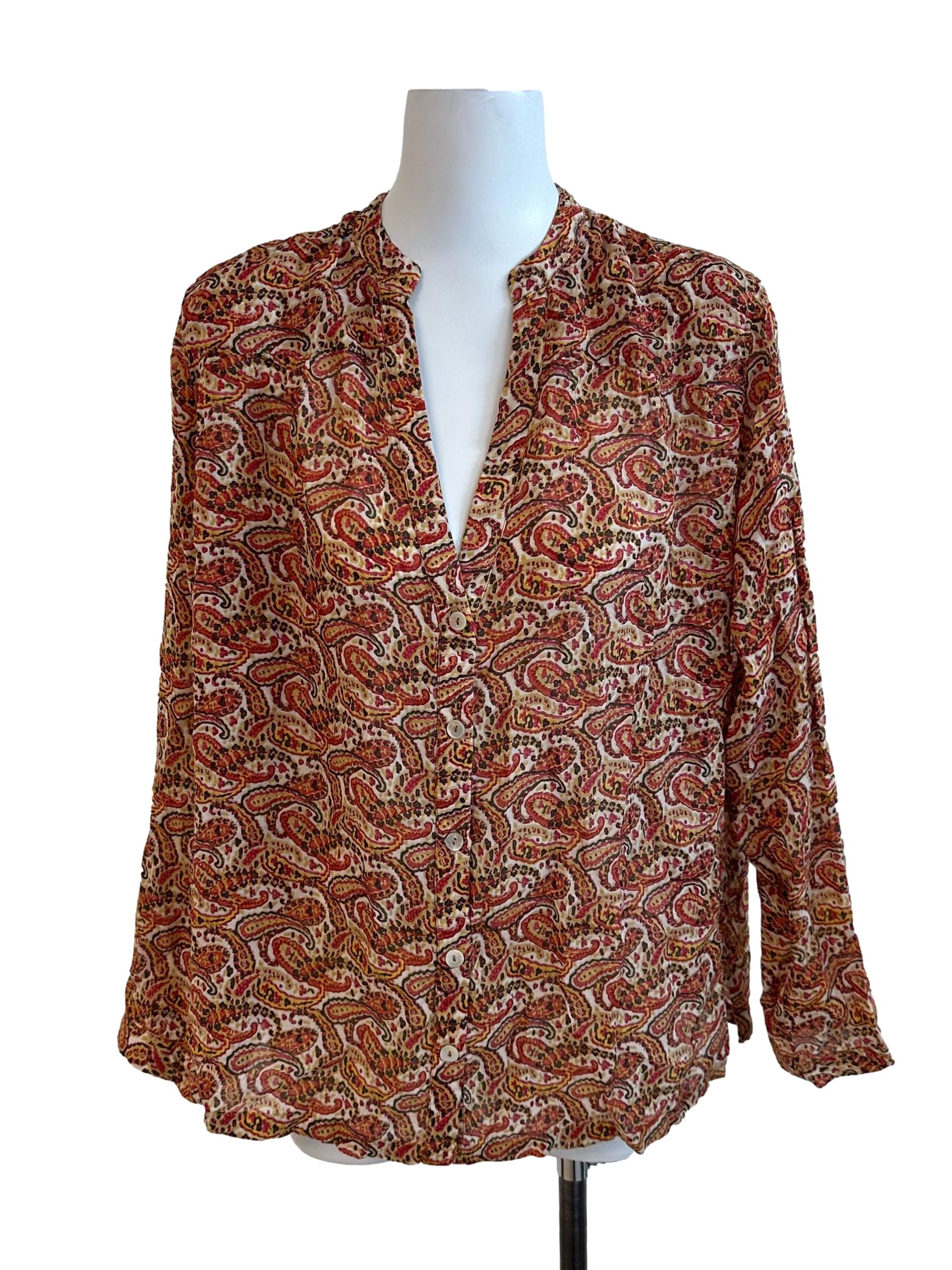 Brick Red Pattern V Neck Blouse