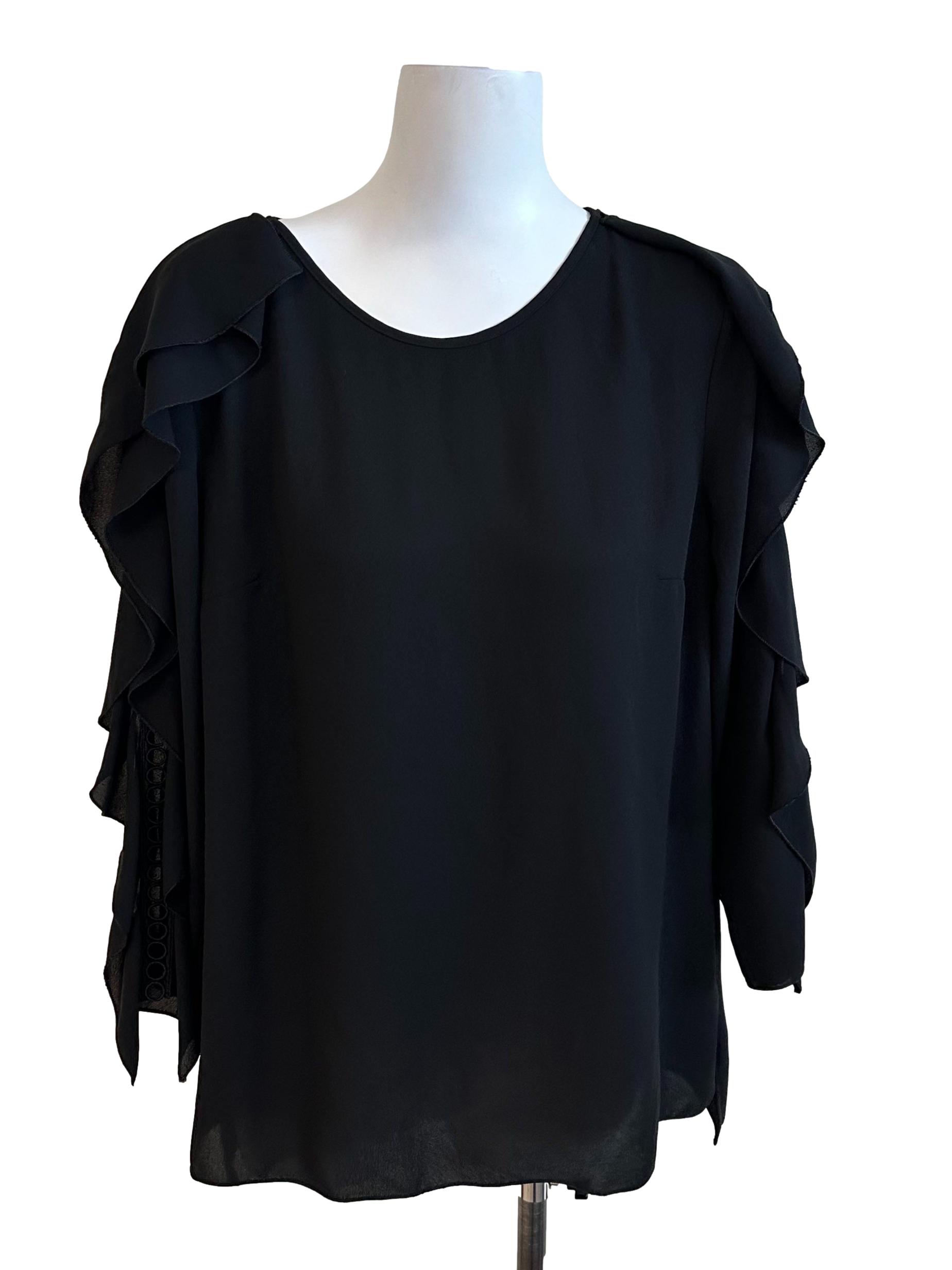 Onyx Black Round Neck Ruffle Sleeve Top