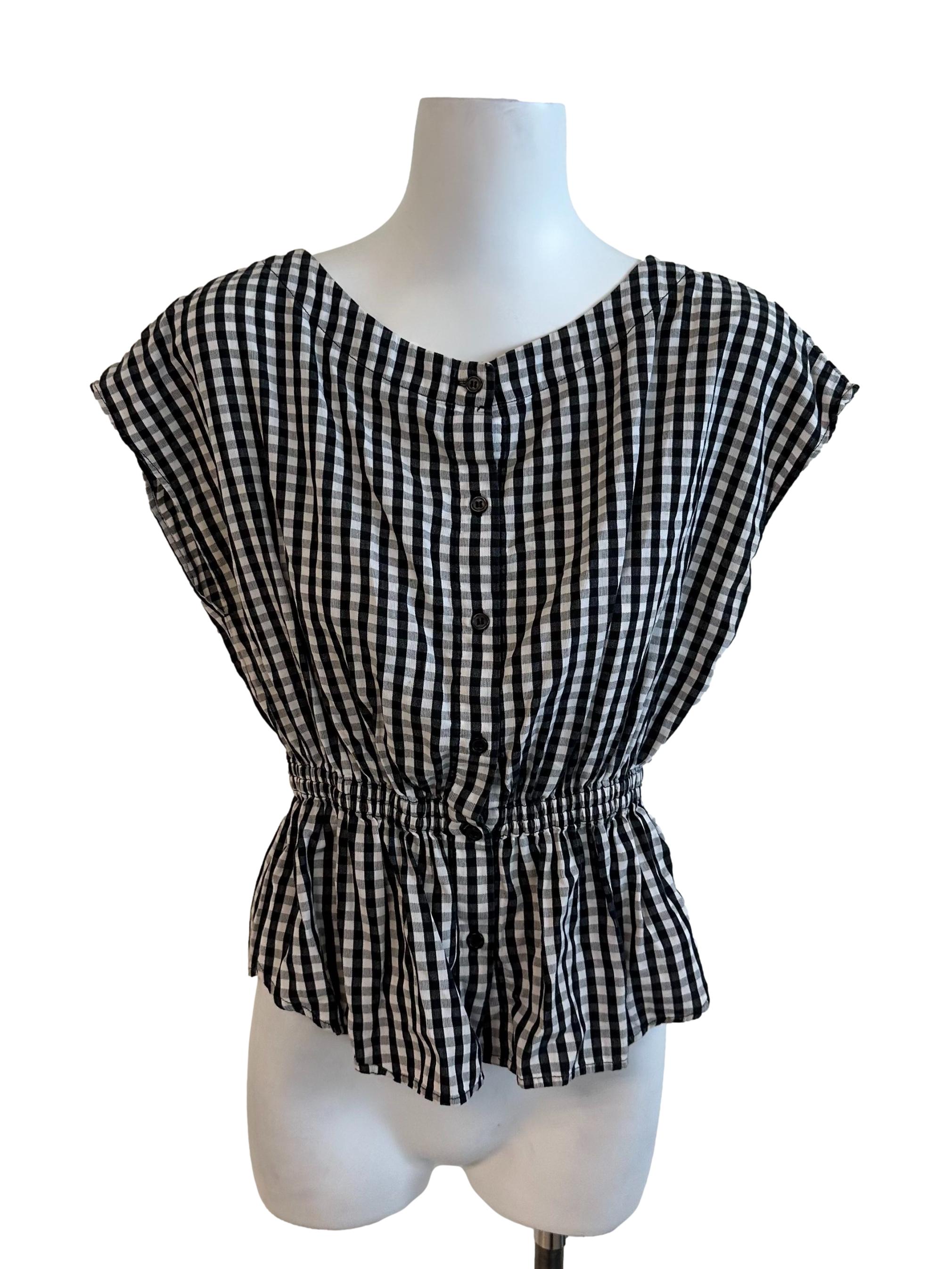 Black White Plaid Button Peplum Top