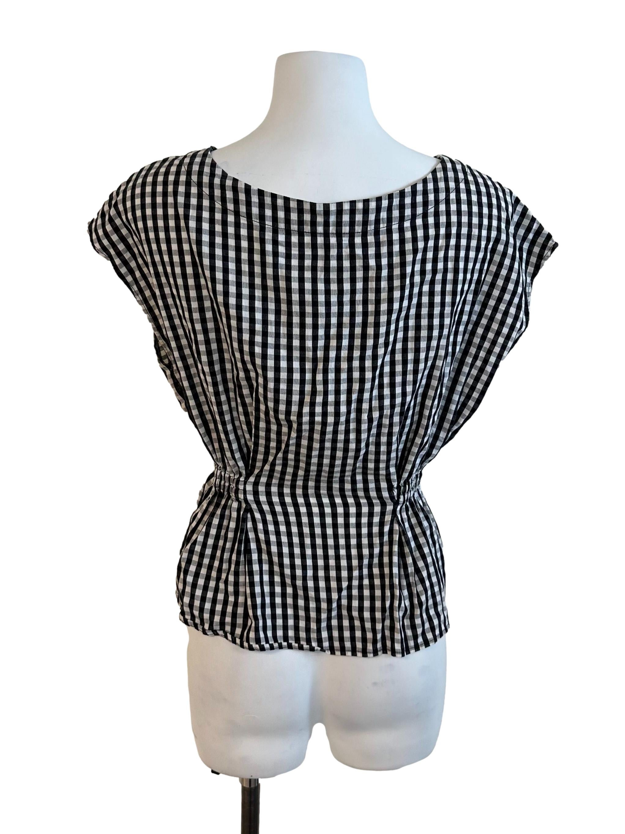 Black White Plaid Button Peplum Top
