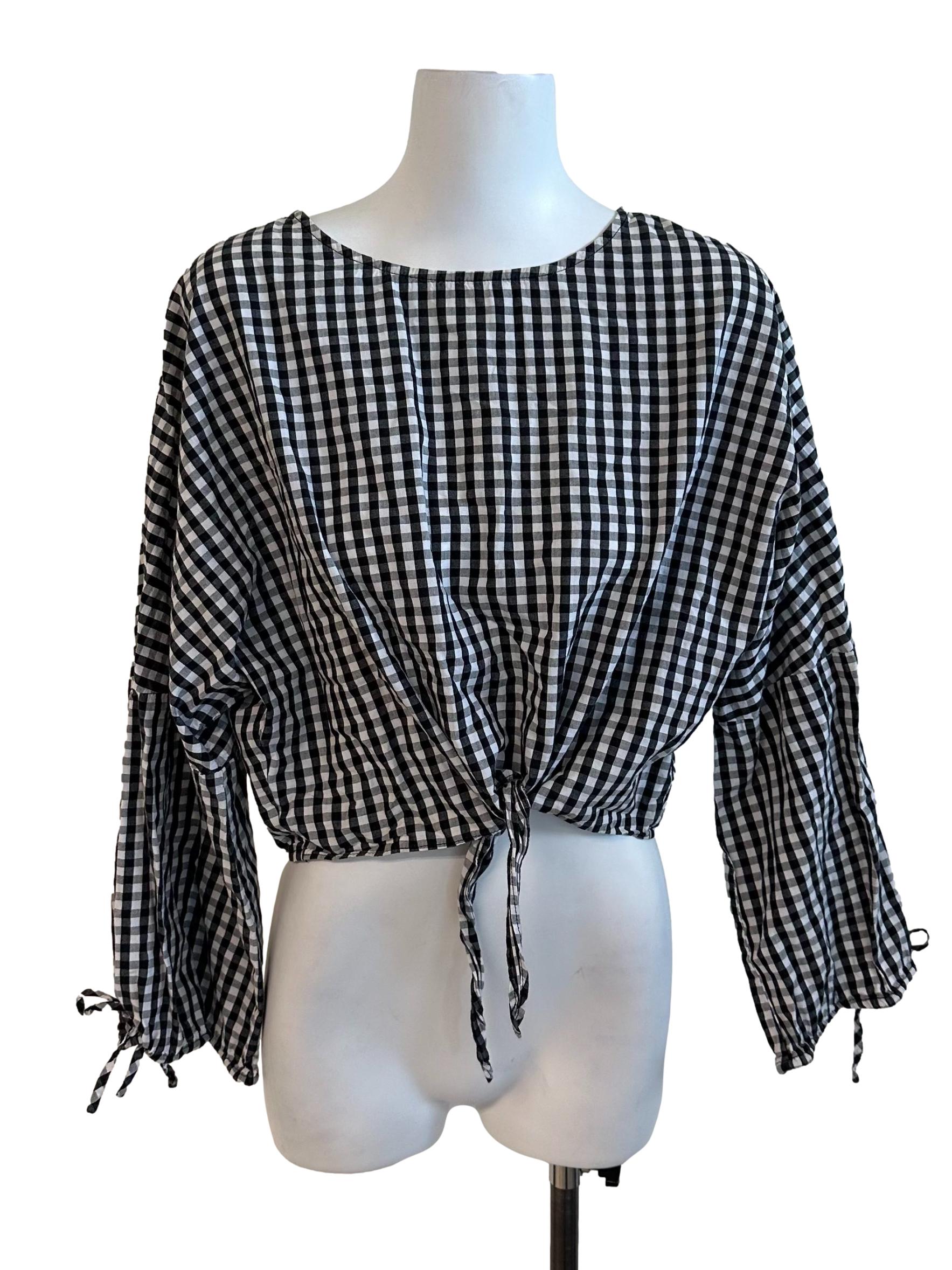 Black White Plaid Front Knot Top