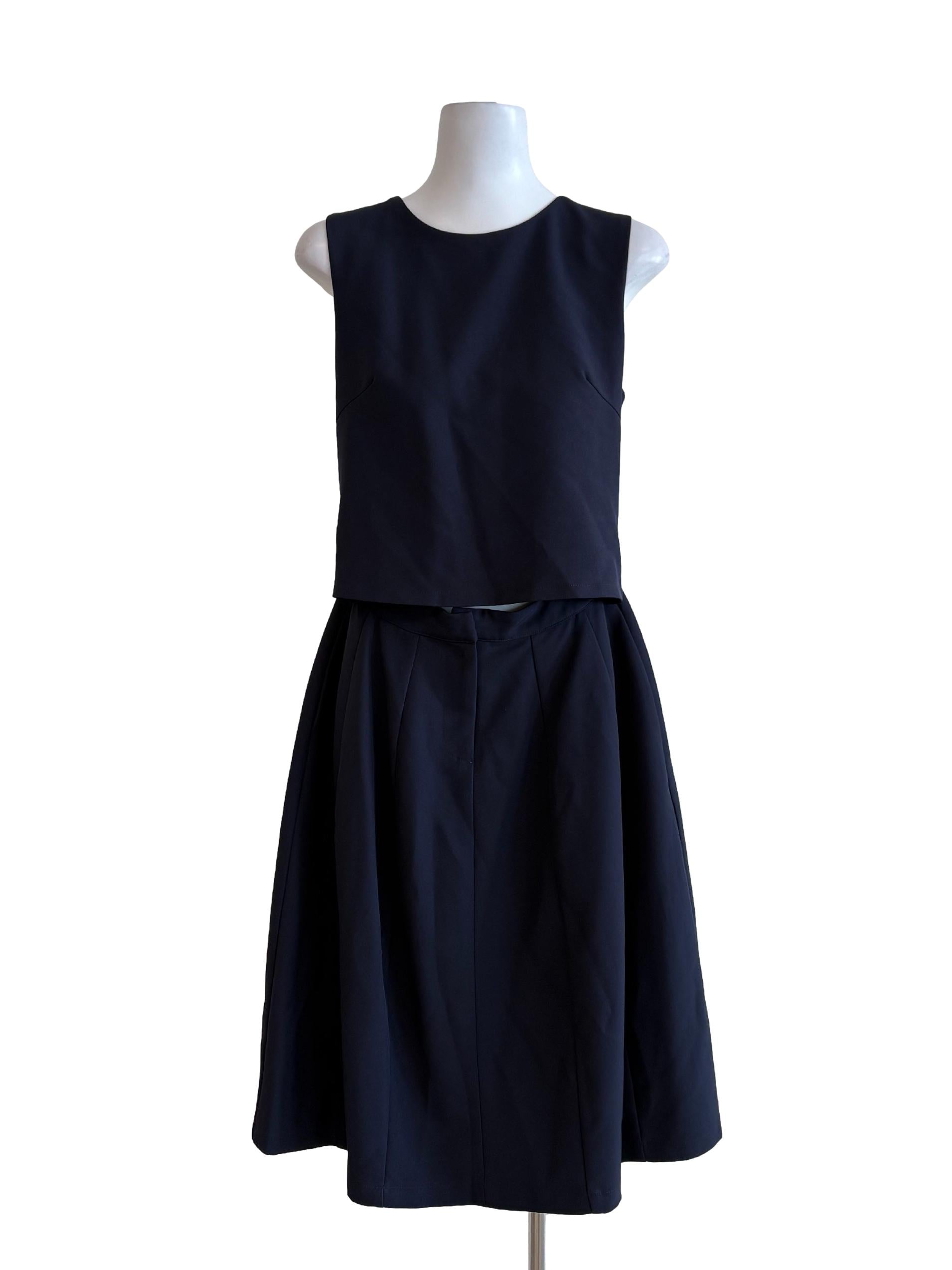 Navy Blue Front Slit Pleated A-Line Dress