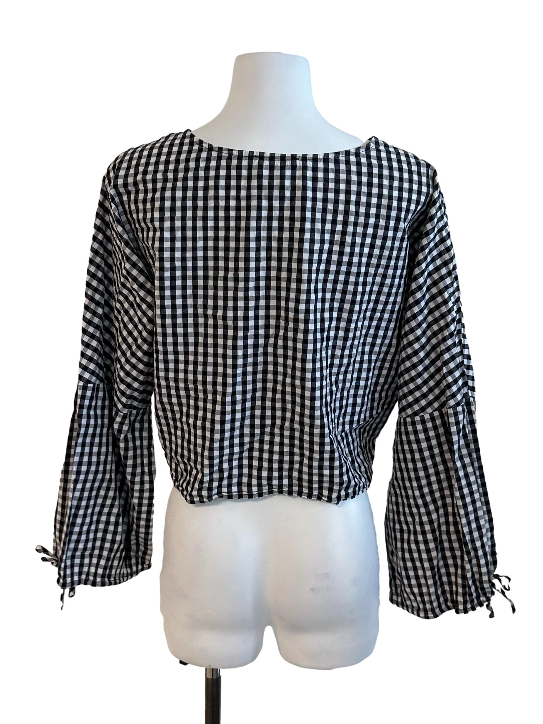Black White Plaid Front Knot Top