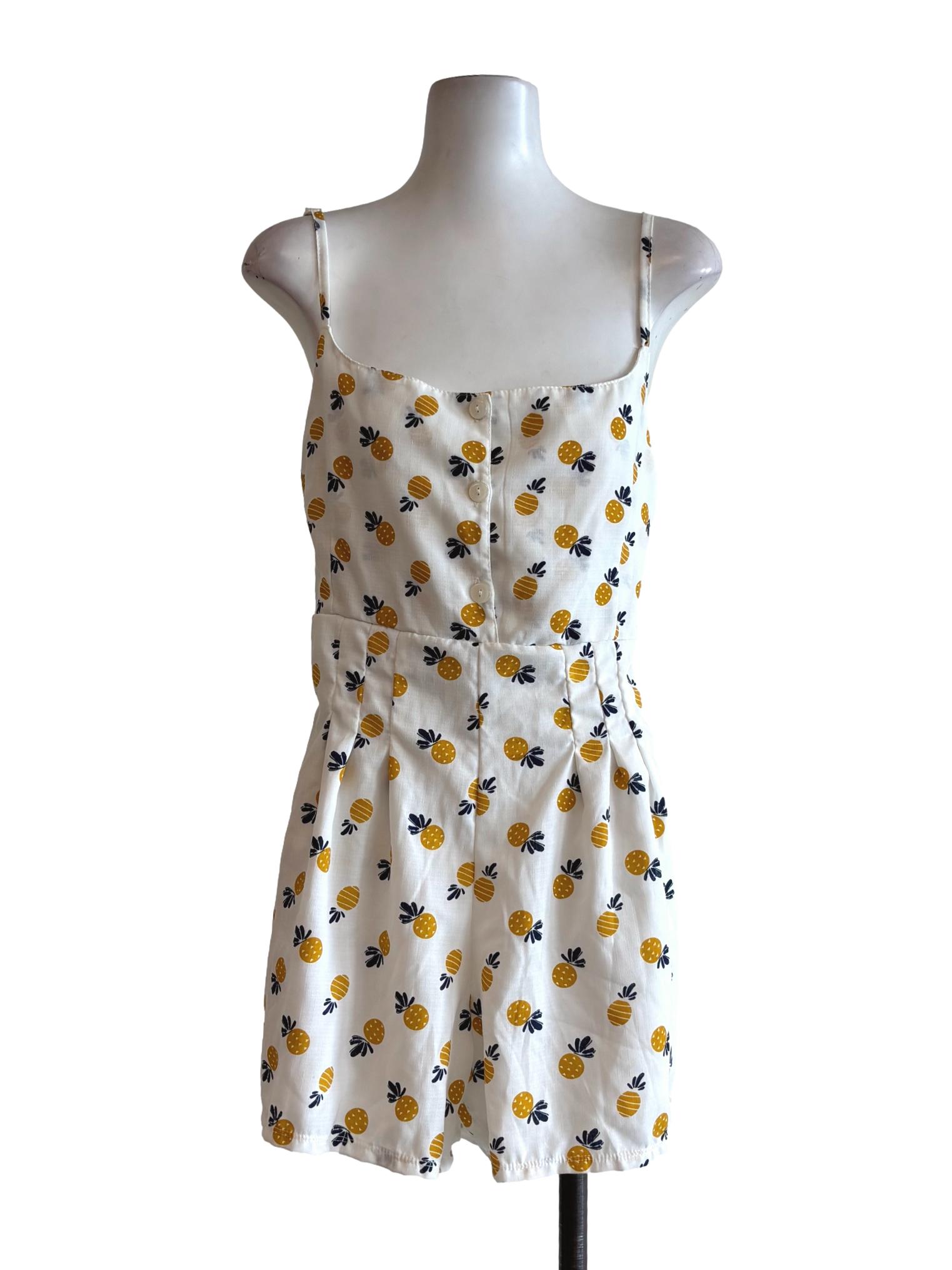 White Pineapple Patterned Spaghetti Strap Rompers