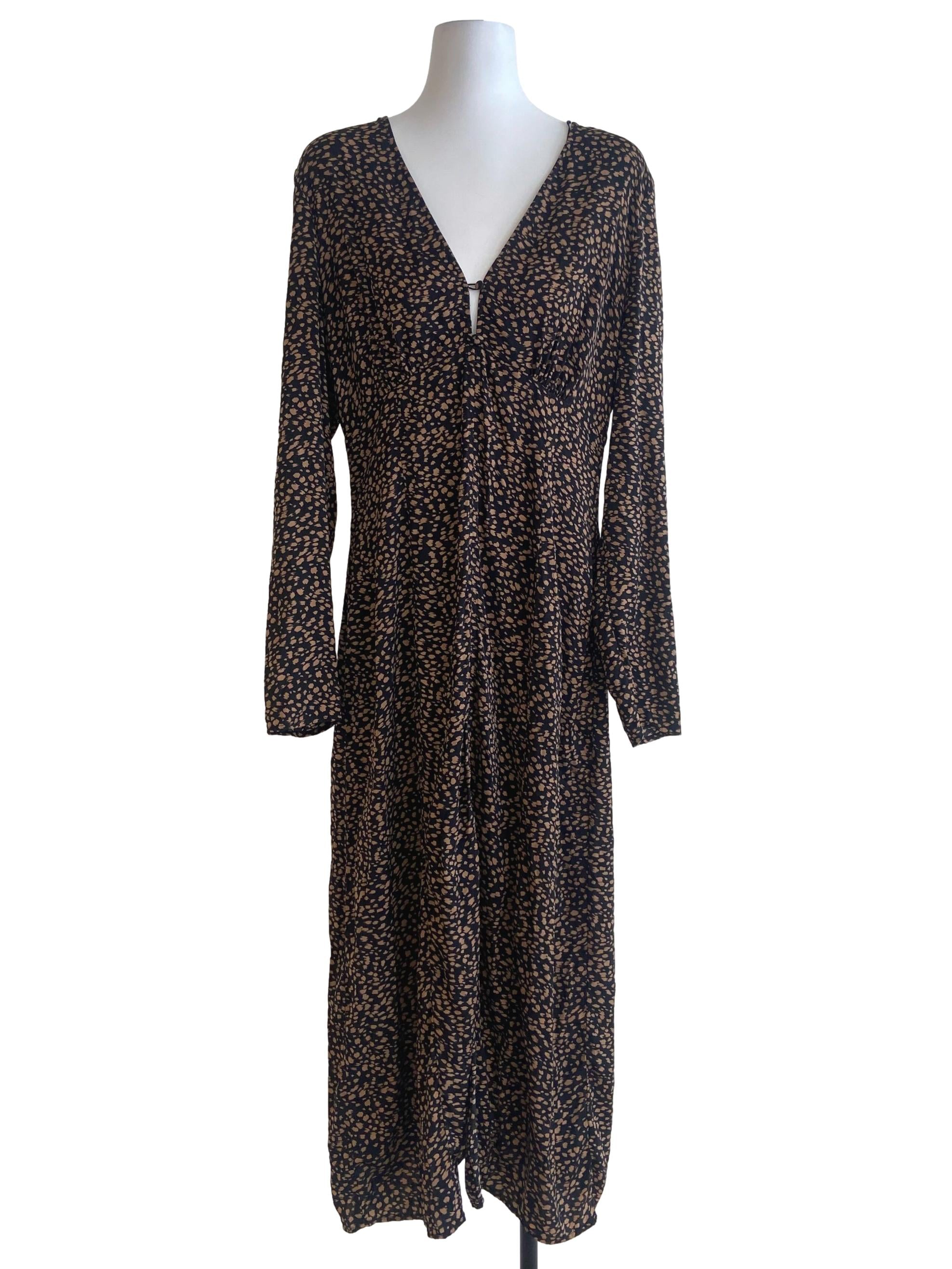 Black & Brown Leopard Slit V-Neck Dress
