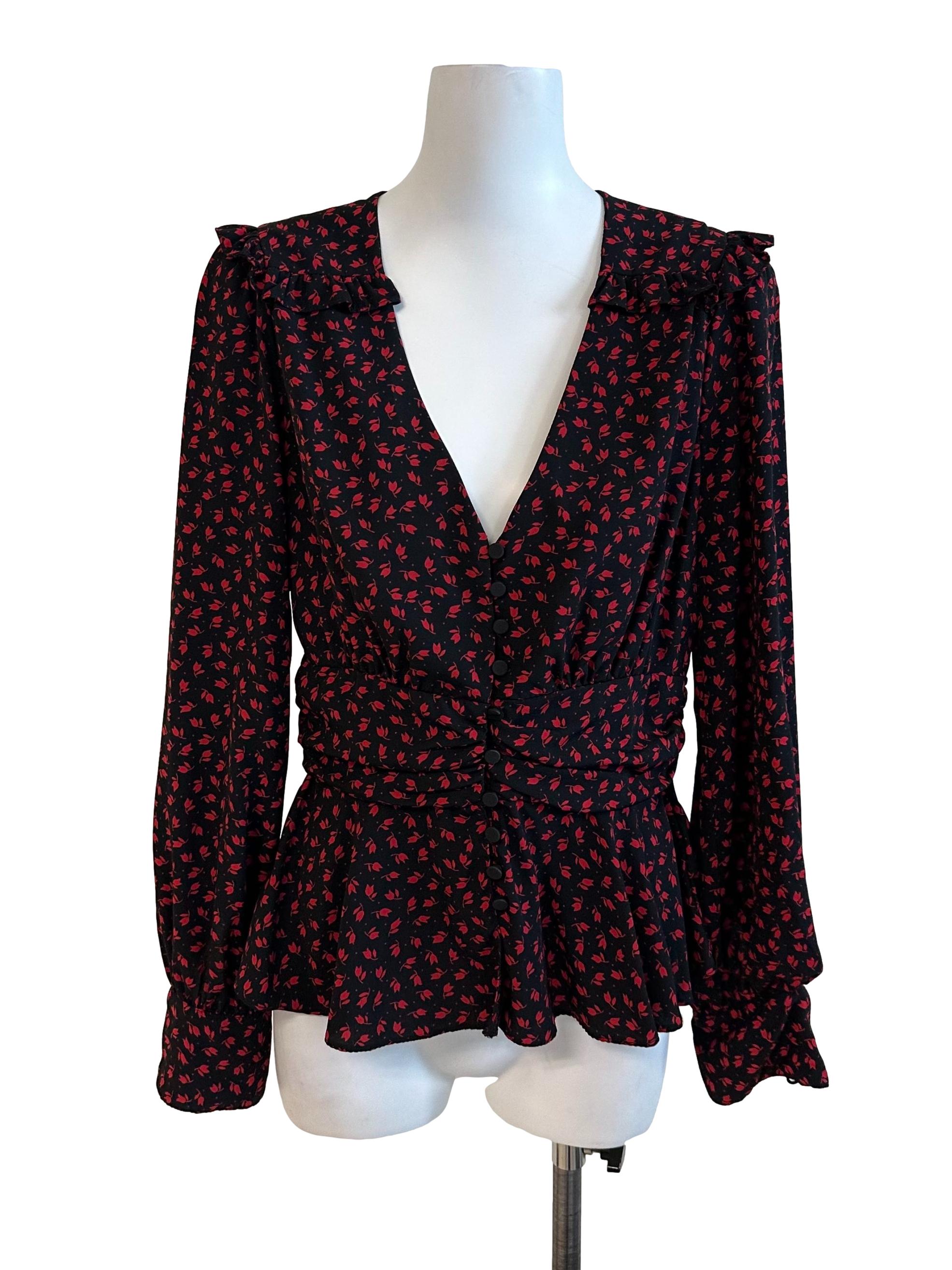 Red Black V Neck Pattern Button Blouse