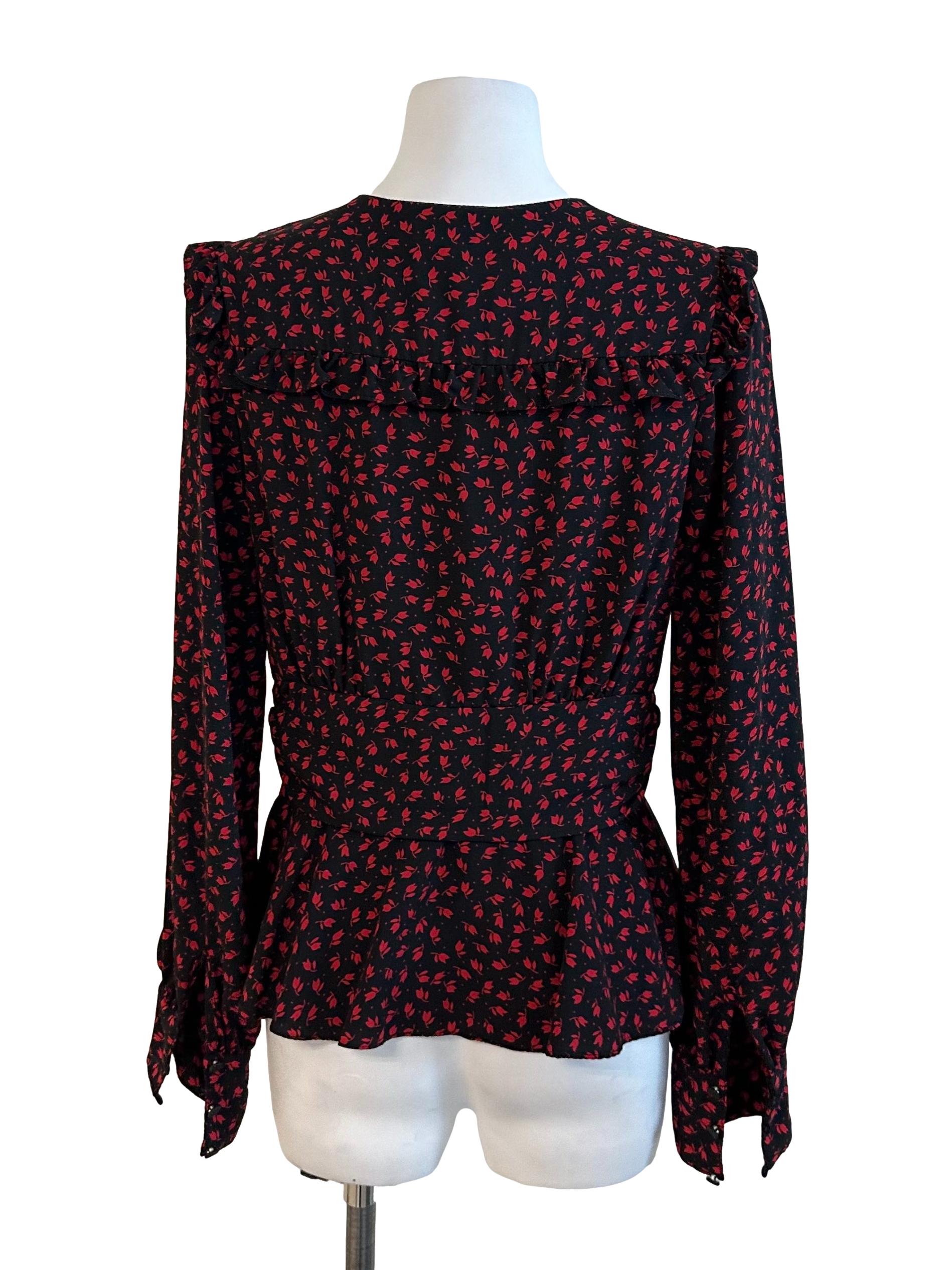 Red Black V Neck Pattern Button Blouse