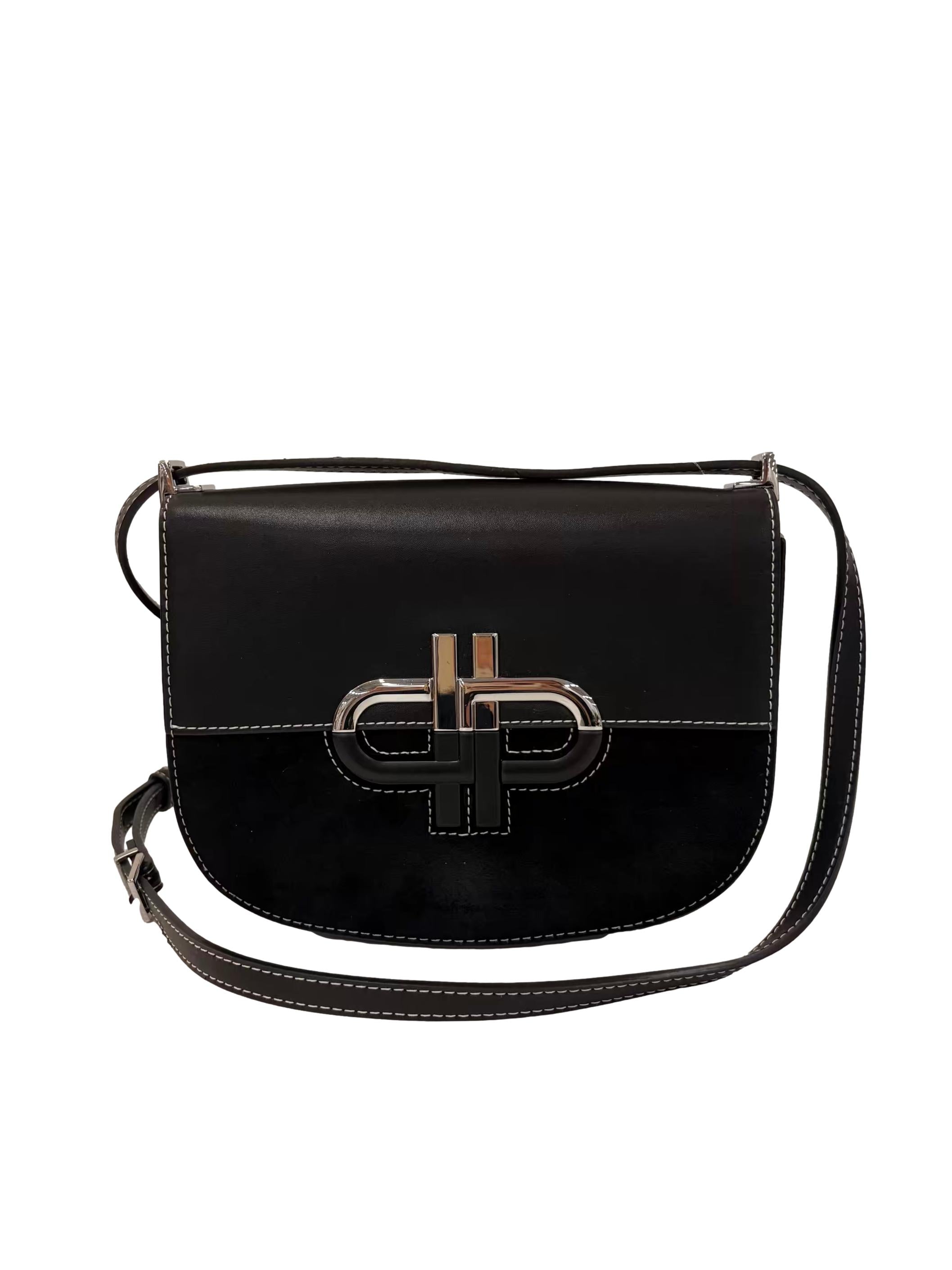 Black Leather Silver Monogram Clasp Crossbody Bag