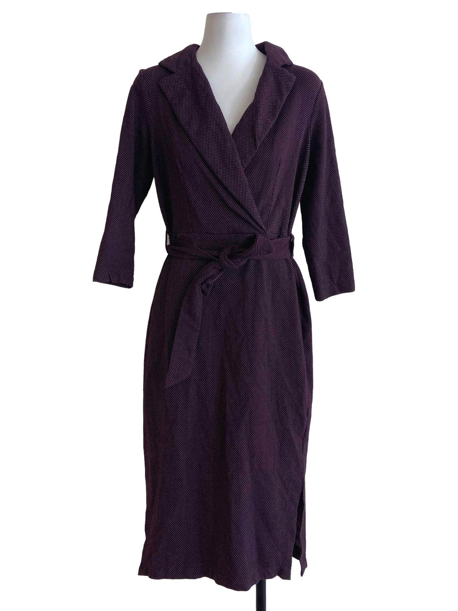 Plum Purple & White Dot V-Neck Slit Shift Dress