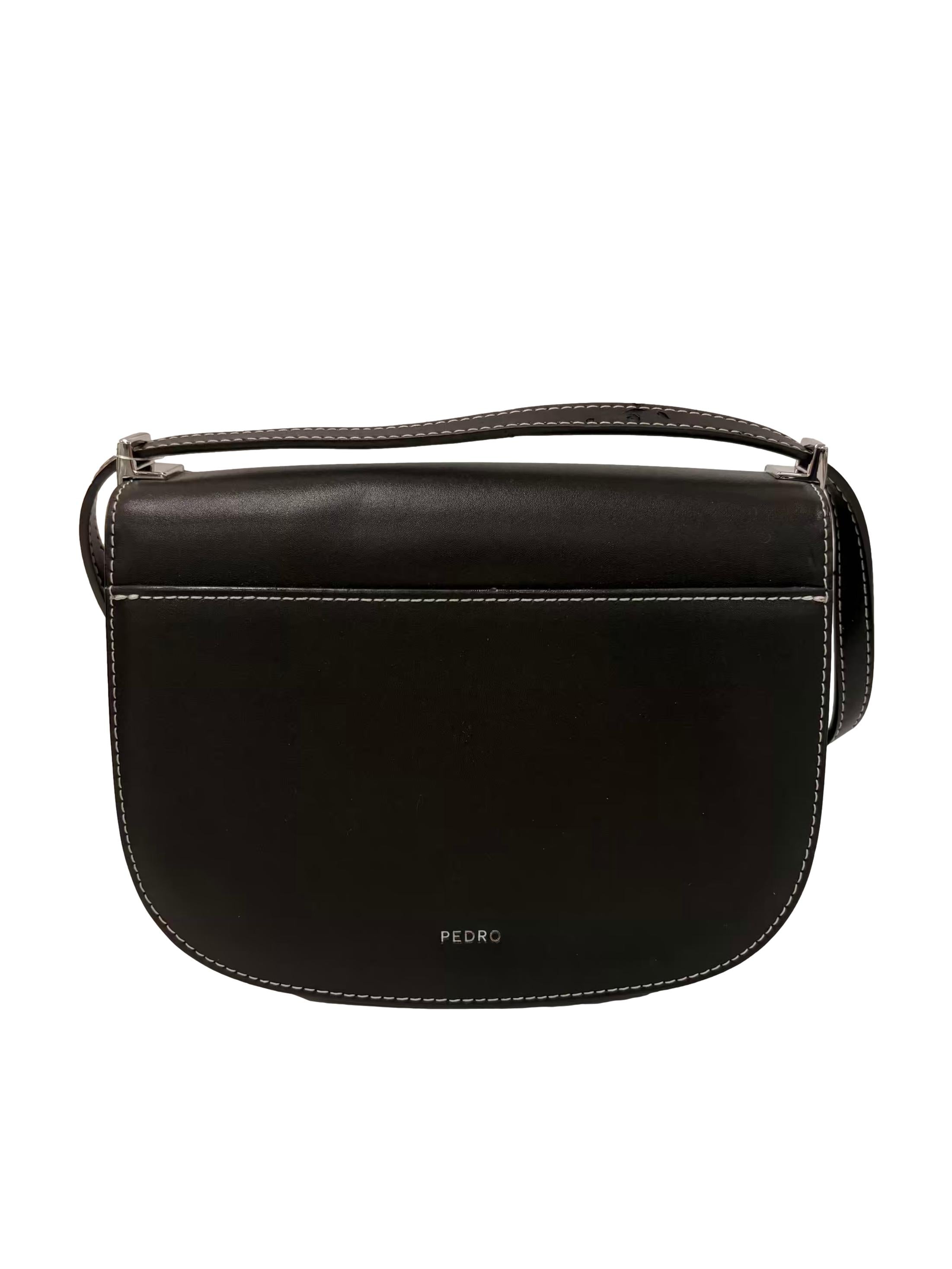 Black Leather Silver Monogram Clasp Crossbody Bag