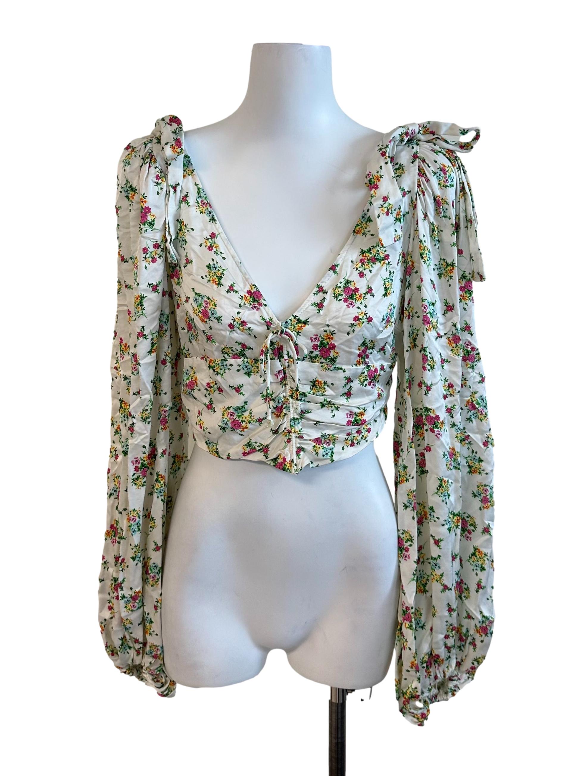 Pearl White Floral V Neck Ruched Top