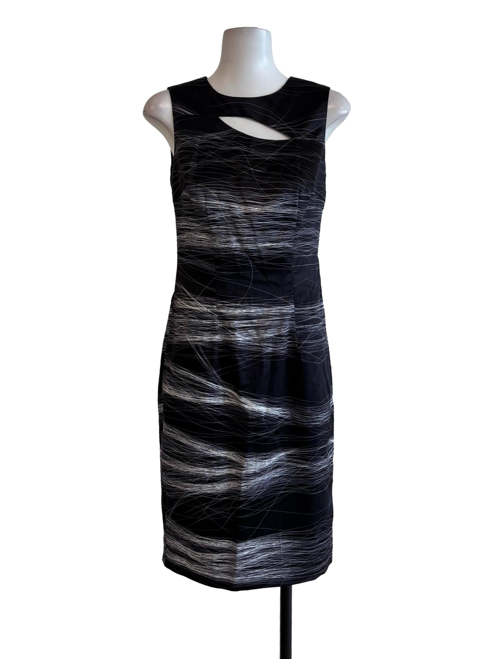 Black White String Print Sleeveless Pencil Dress