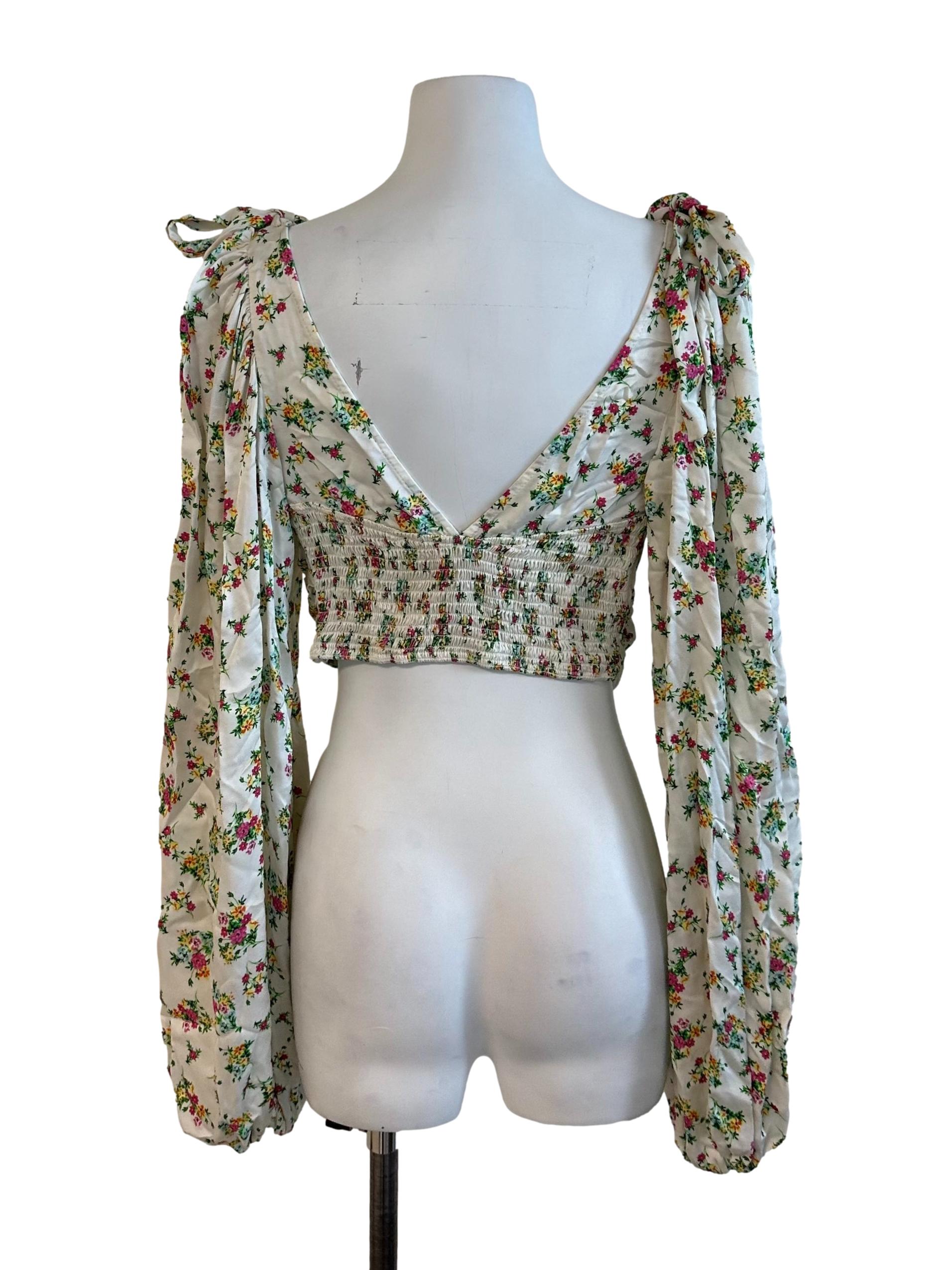 Pearl White Floral V Neck Ruched Top