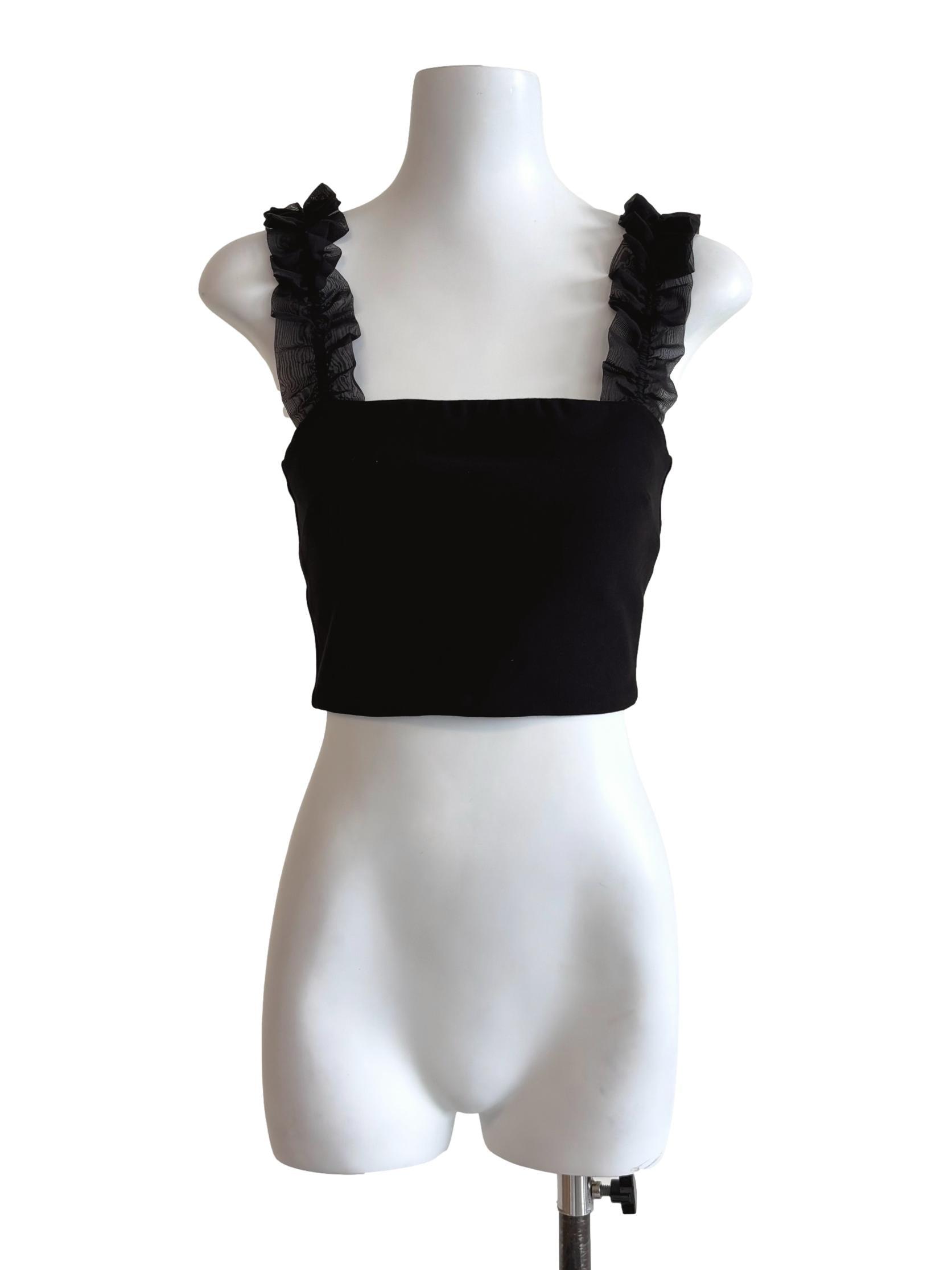 Rich Black Ruffle Strap Crop Top