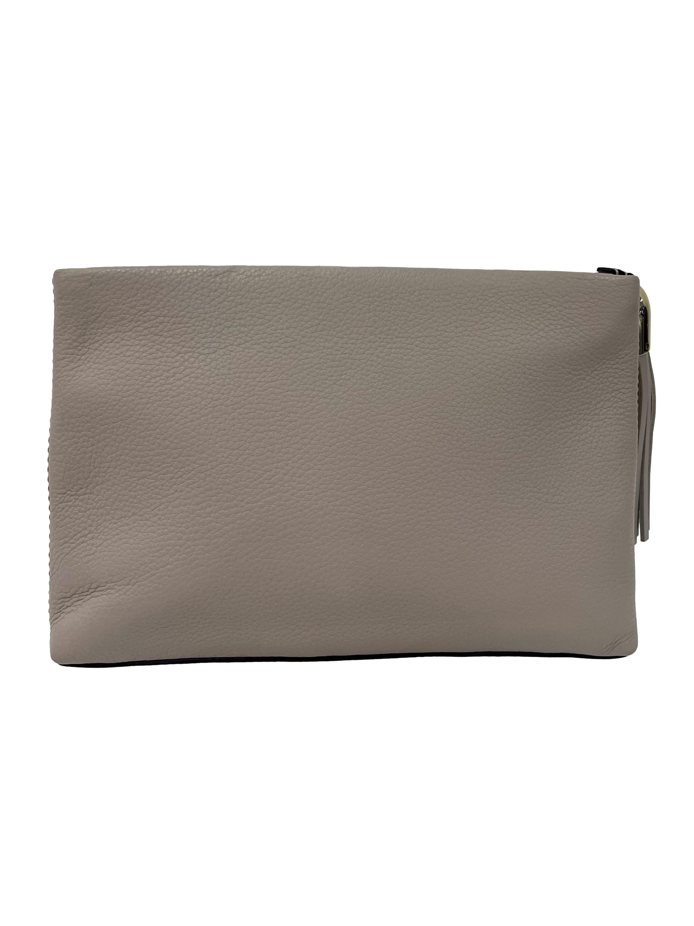 Taupe Pebbled Leather Clutch with Tassel