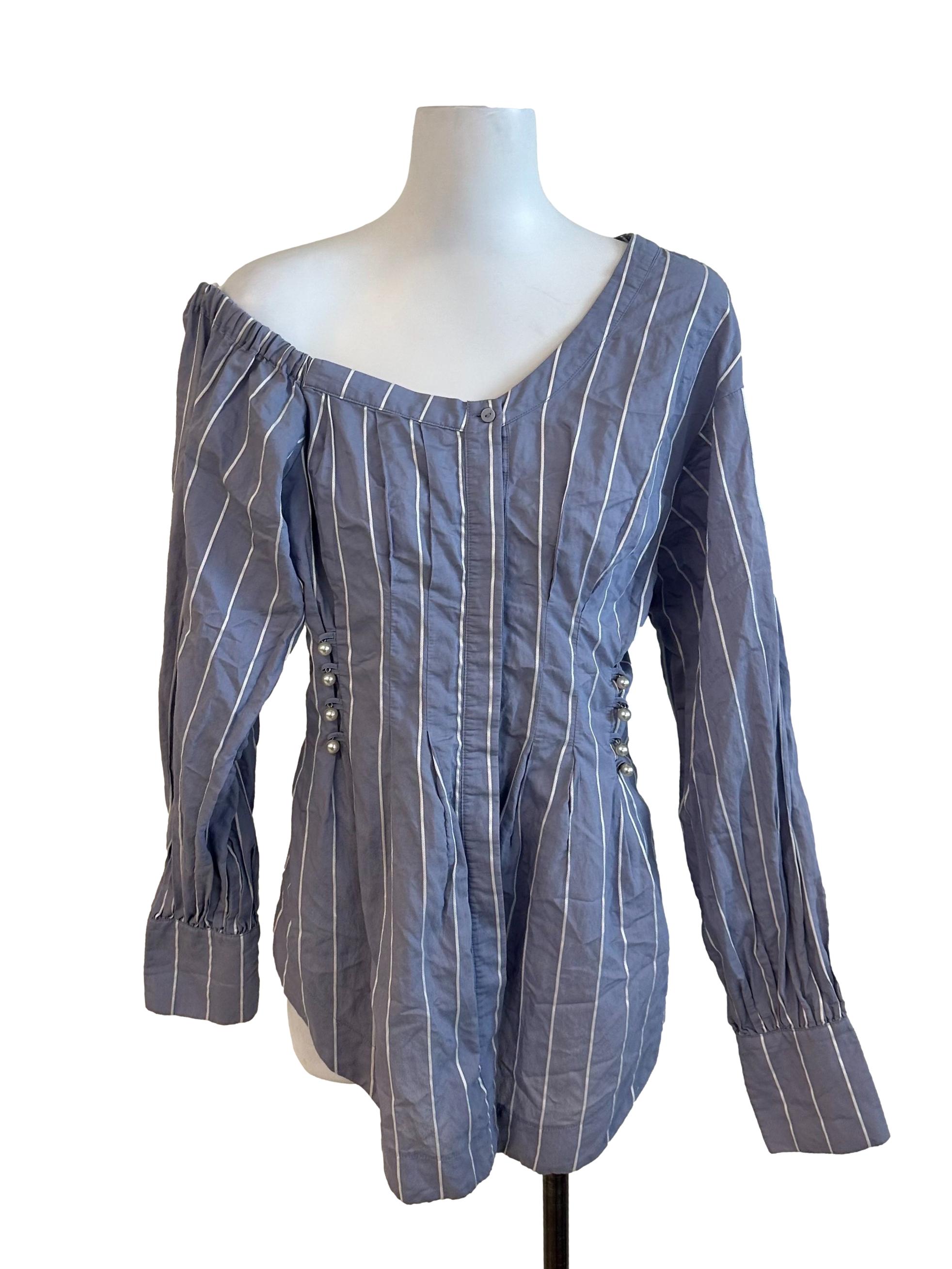 Spruce Blue Stripe Off Shoulder Asymmetric Top