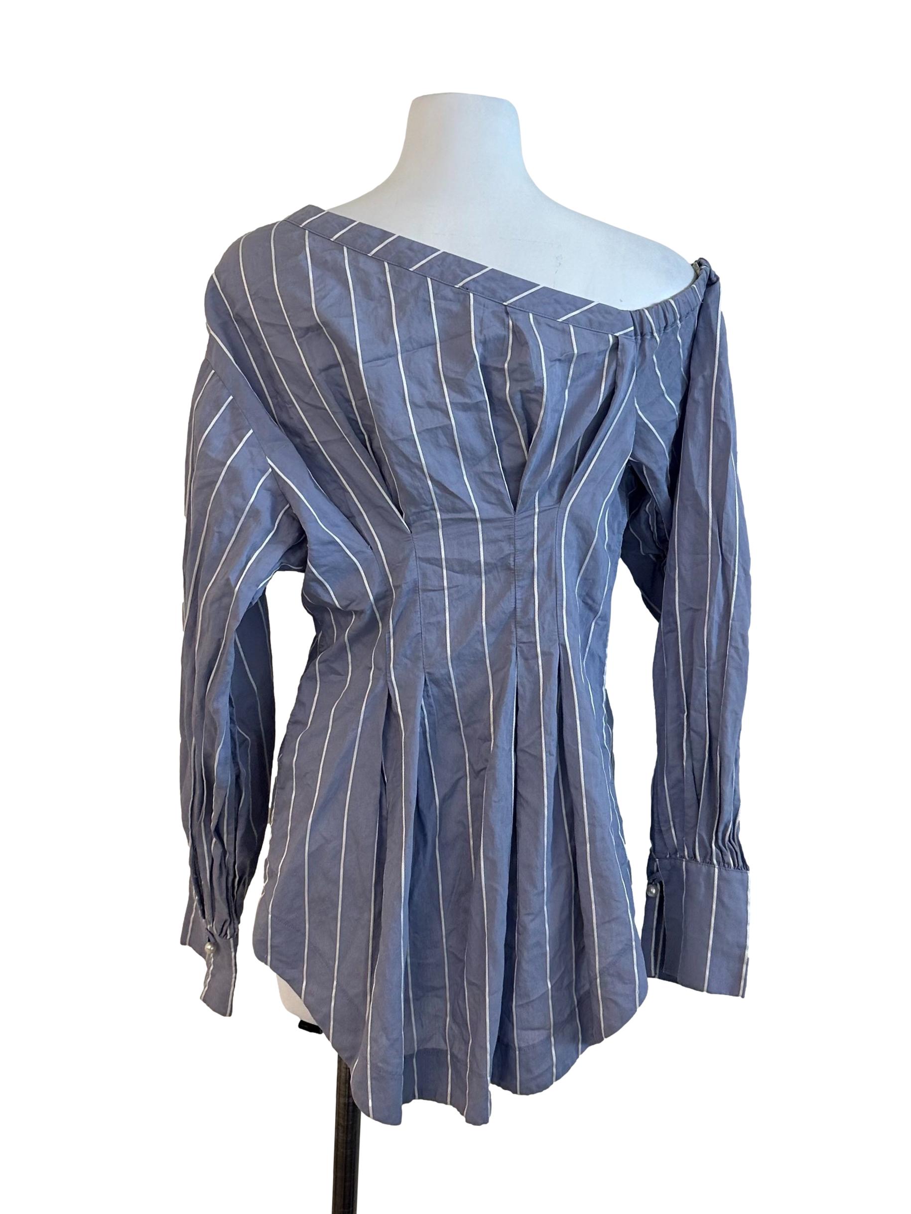Spruce Blue Stripe Off Shoulder Asymmetric Top