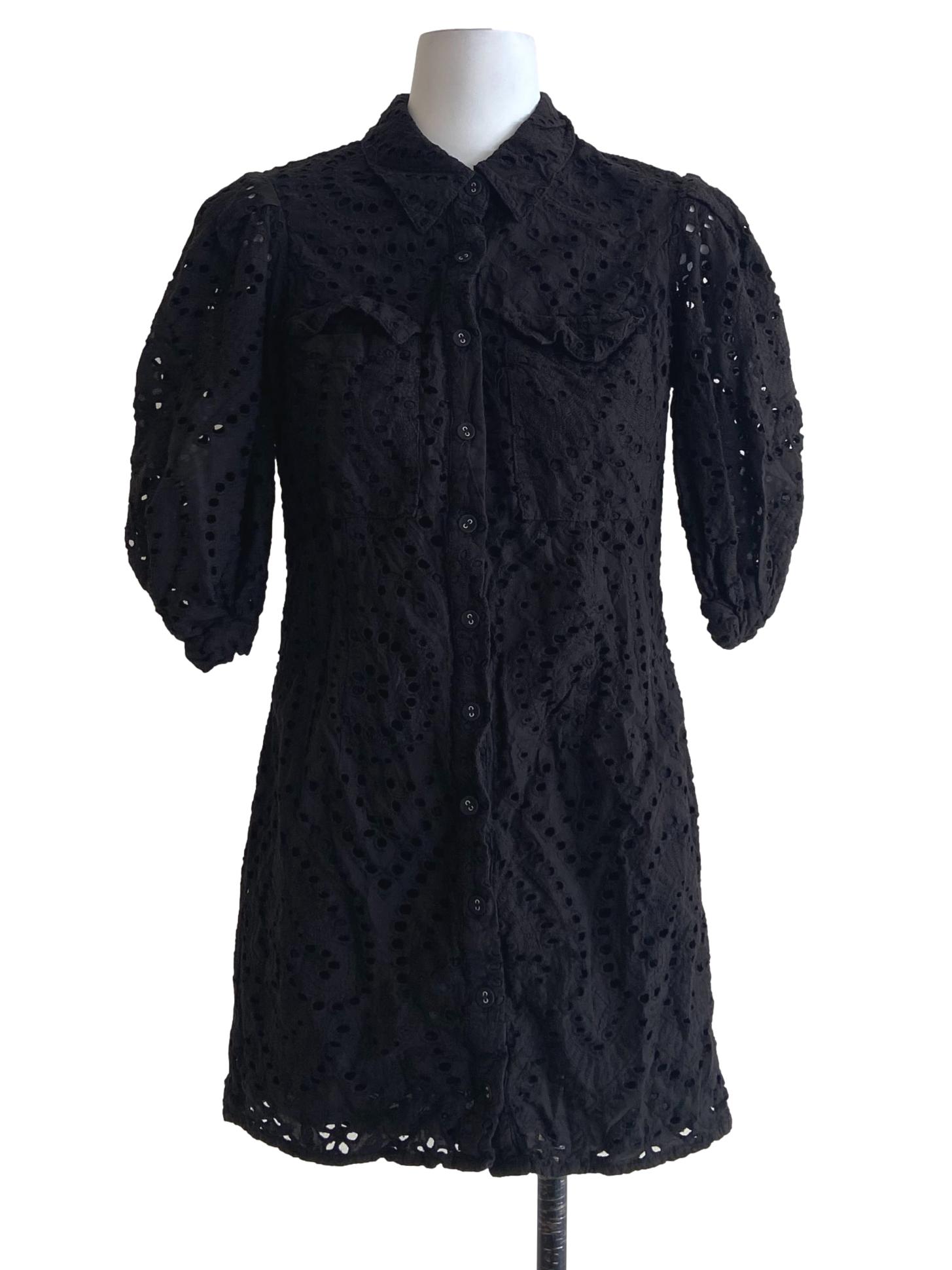 Black Button Down Embroidery Shirt Dress