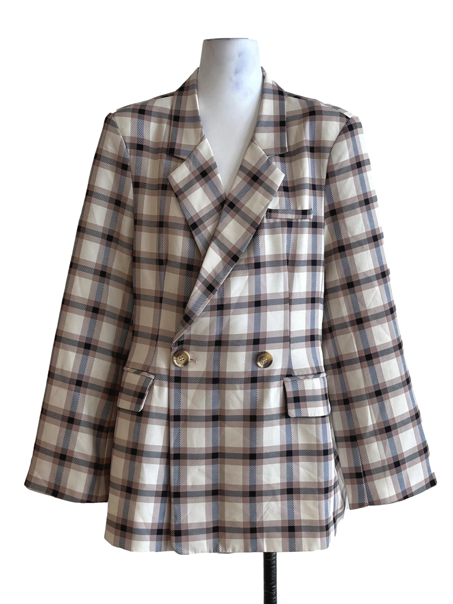 Beige Tartan Double-Breasted Blazer