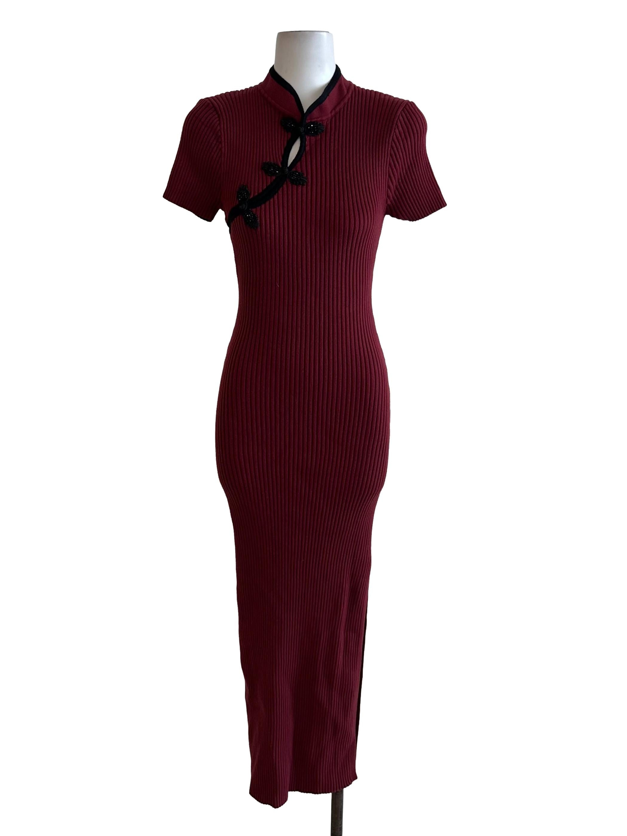 Maroon Red Cheongsam Knit Dress