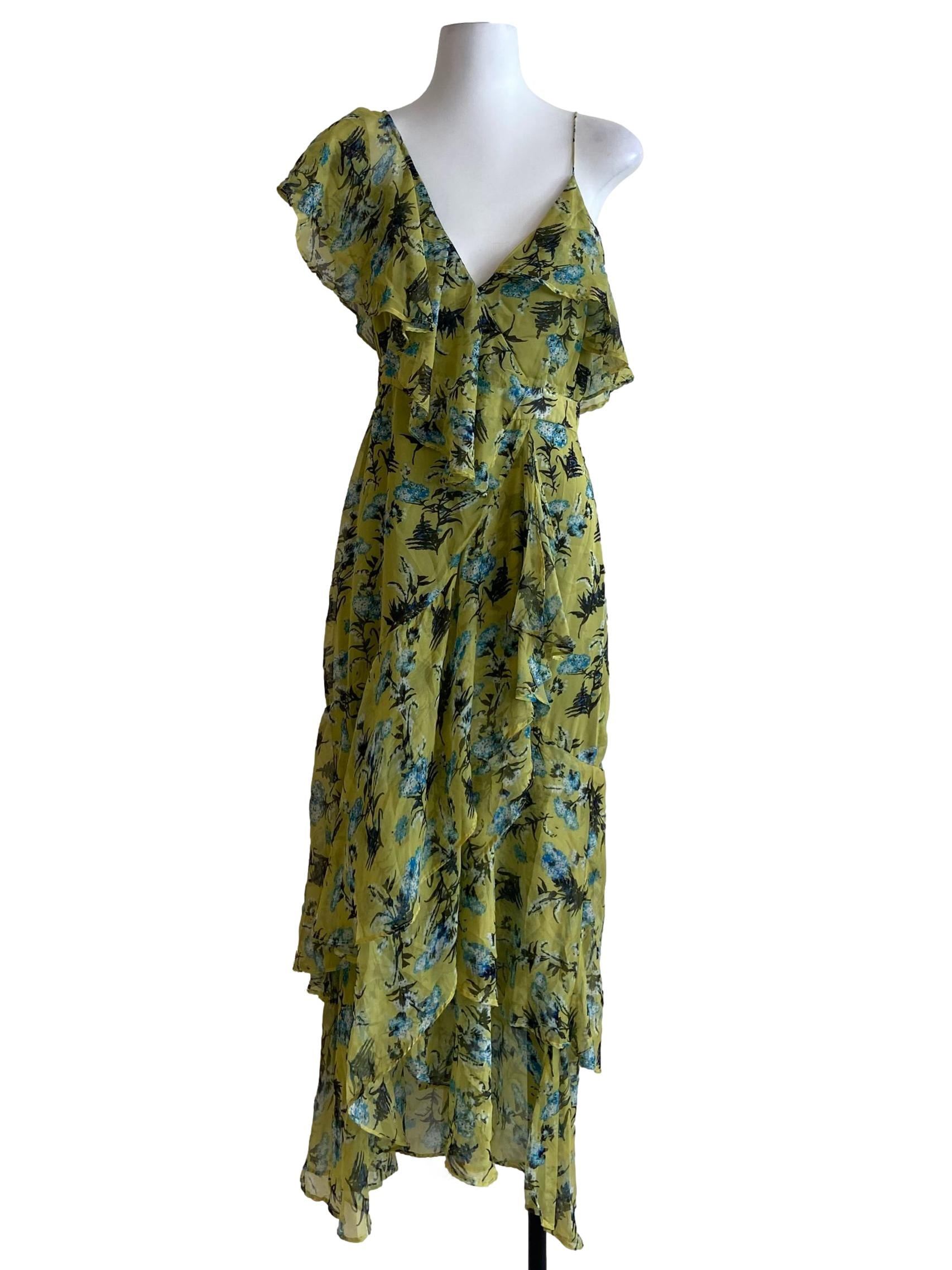 Chartreuse Green Floral Ruffled Asymmetric Dress