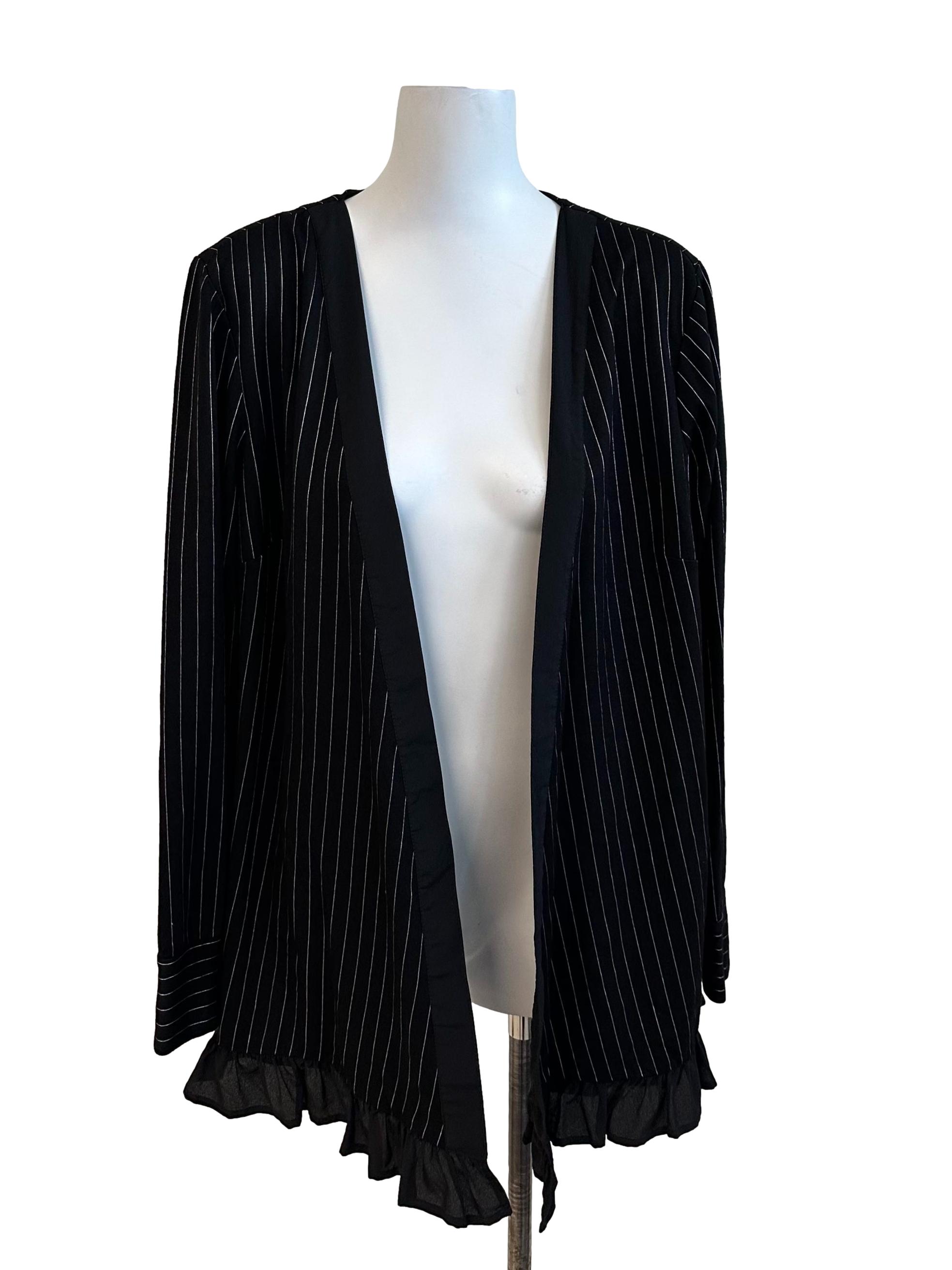 Rich Black Stripe Ruffle Front Open Cardigan