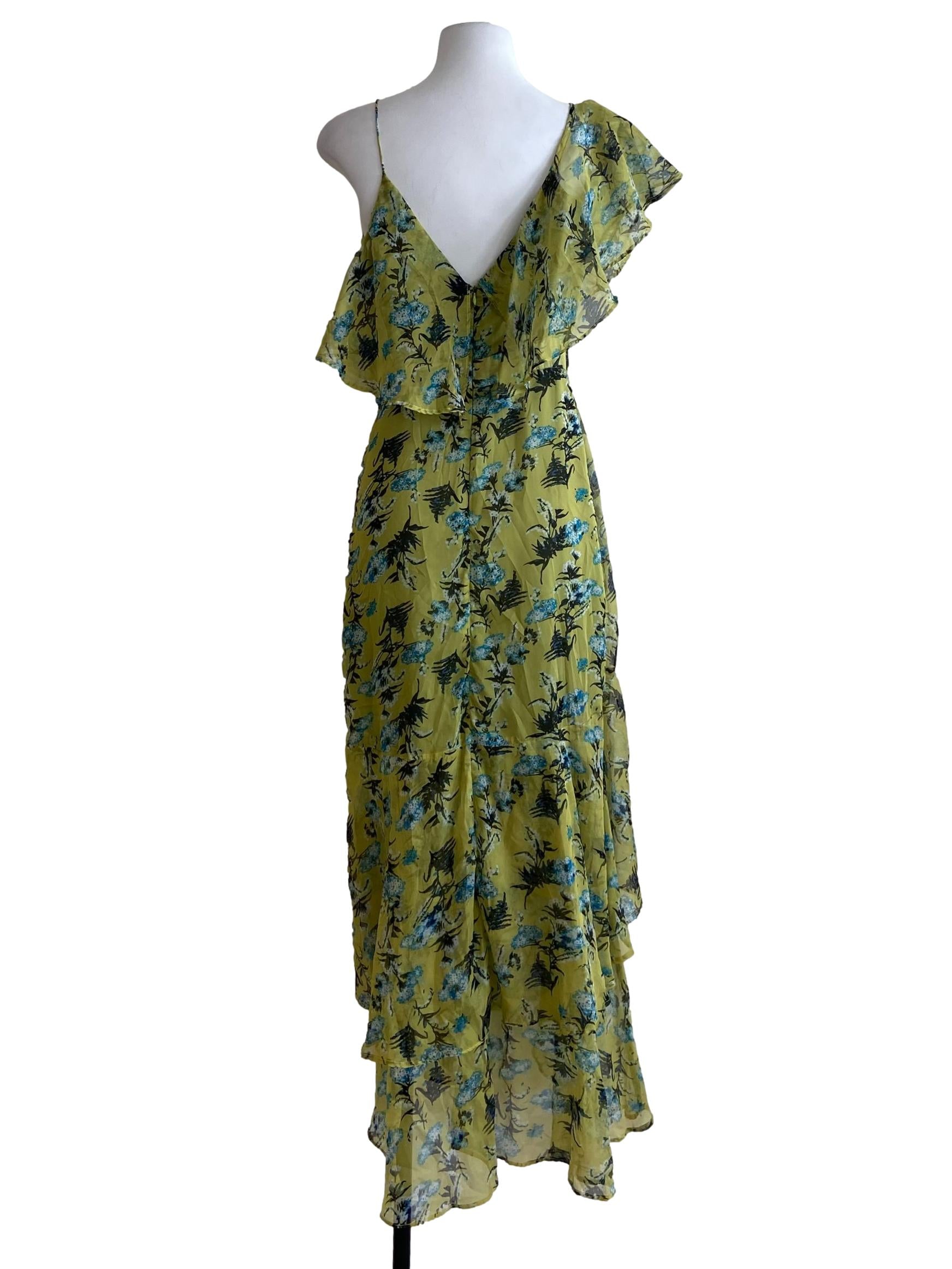 Chartreuse Green Floral Ruffled Asymmetric Dress