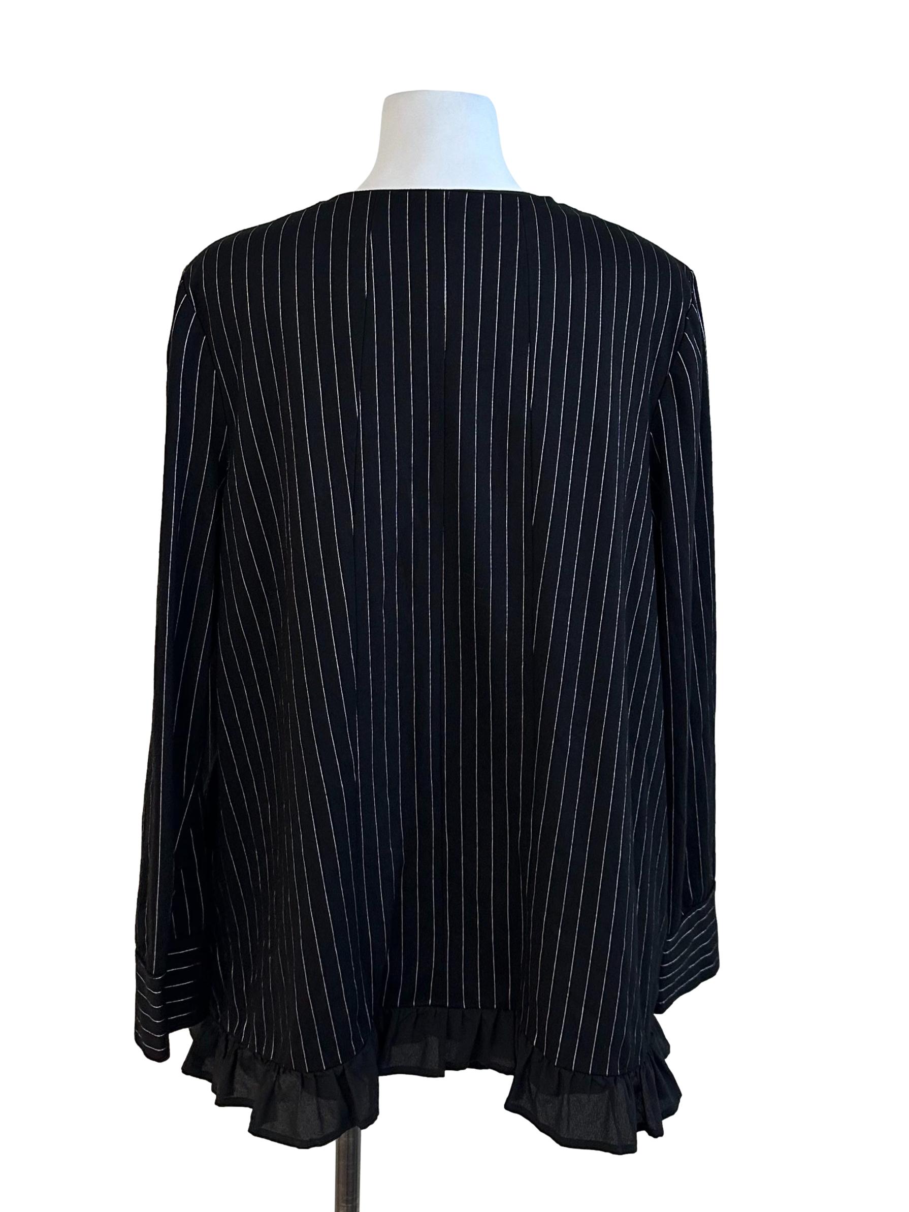 Rich Black Stripe Ruffle Front Open Cardigan