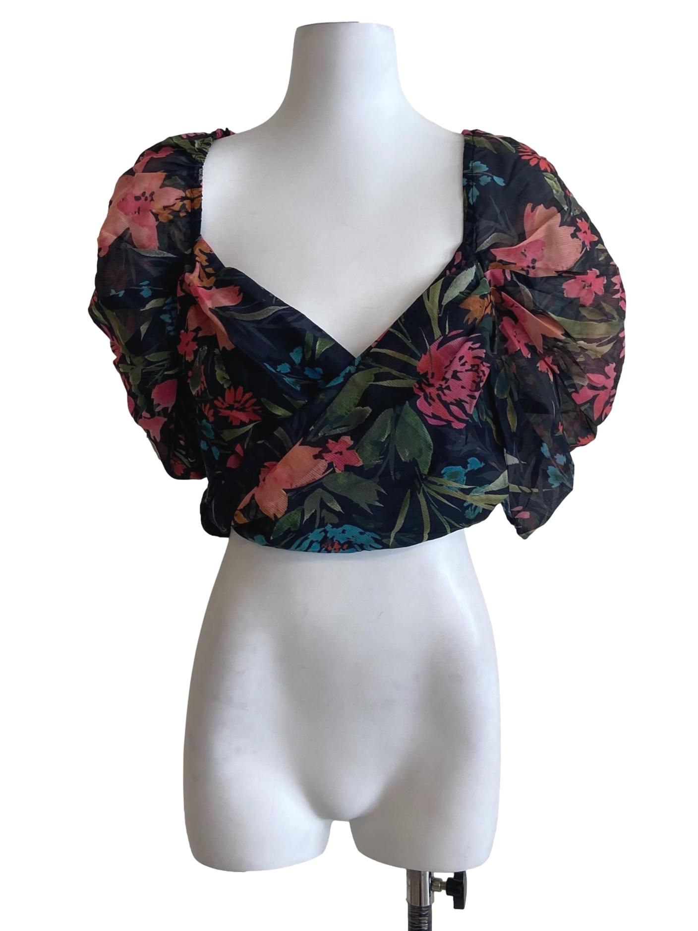 Black & Floral V-Neck Crop Top