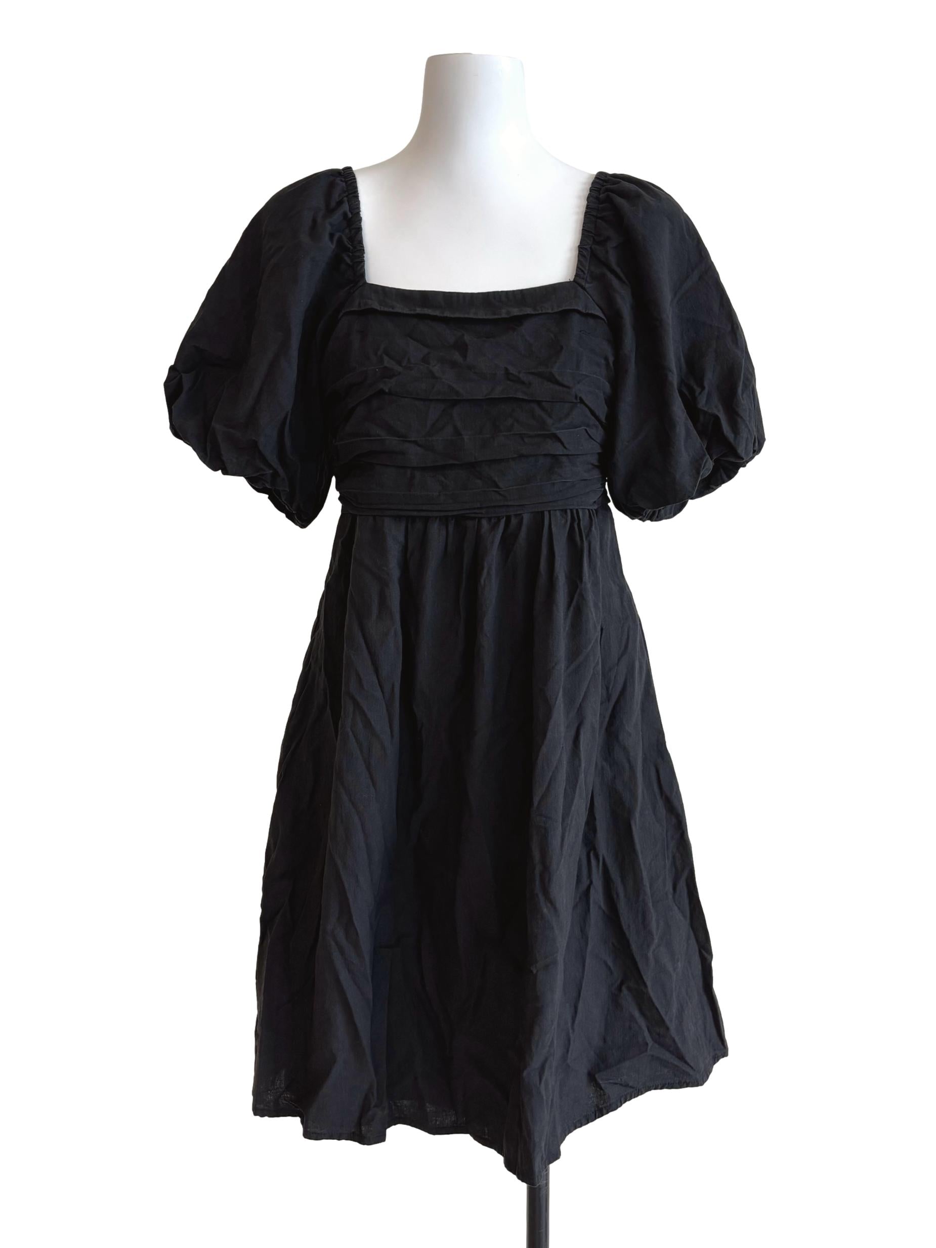 Jet Black Puff Sleeve Cotton Dress