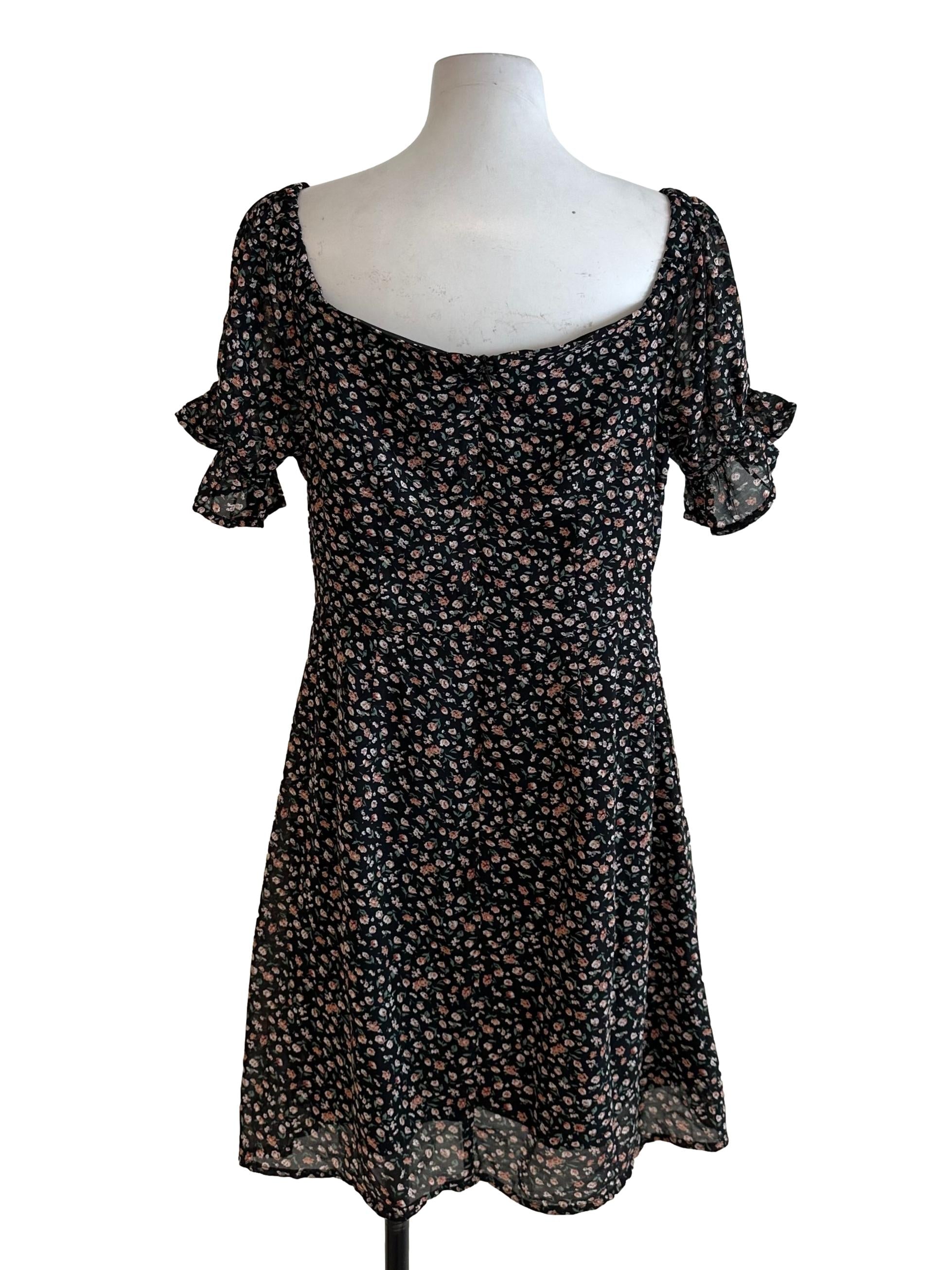 Onyx Black Floral Pattern Button Dress