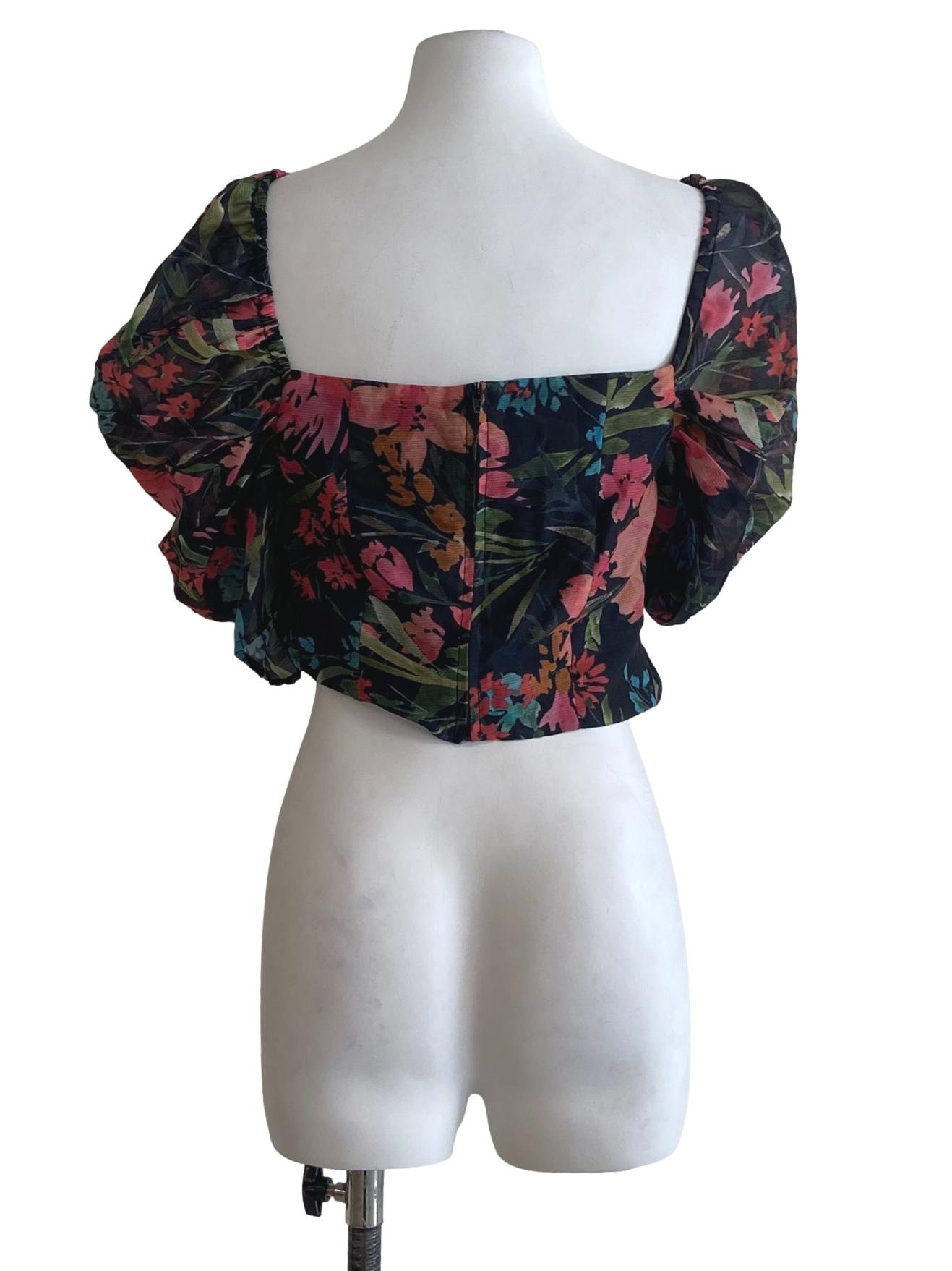 Black & Floral V-Neck Crop Top