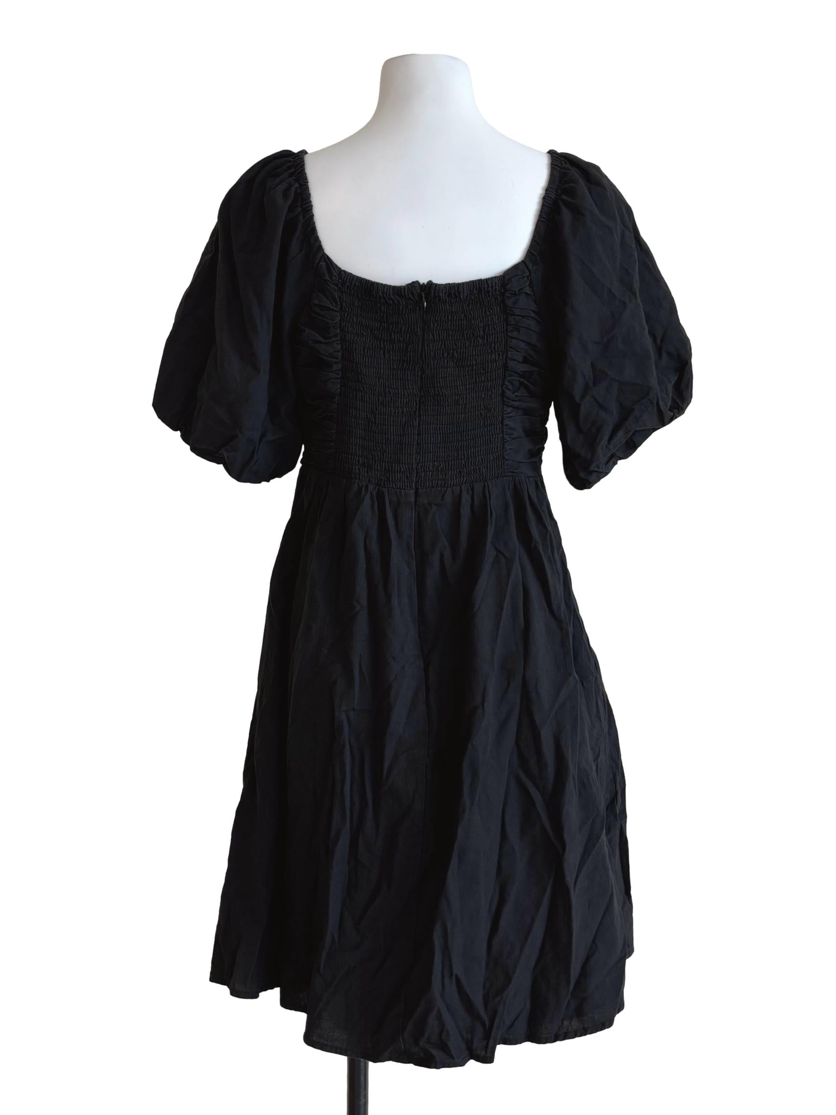 Jet Black Puff Sleeve Cotton Dress