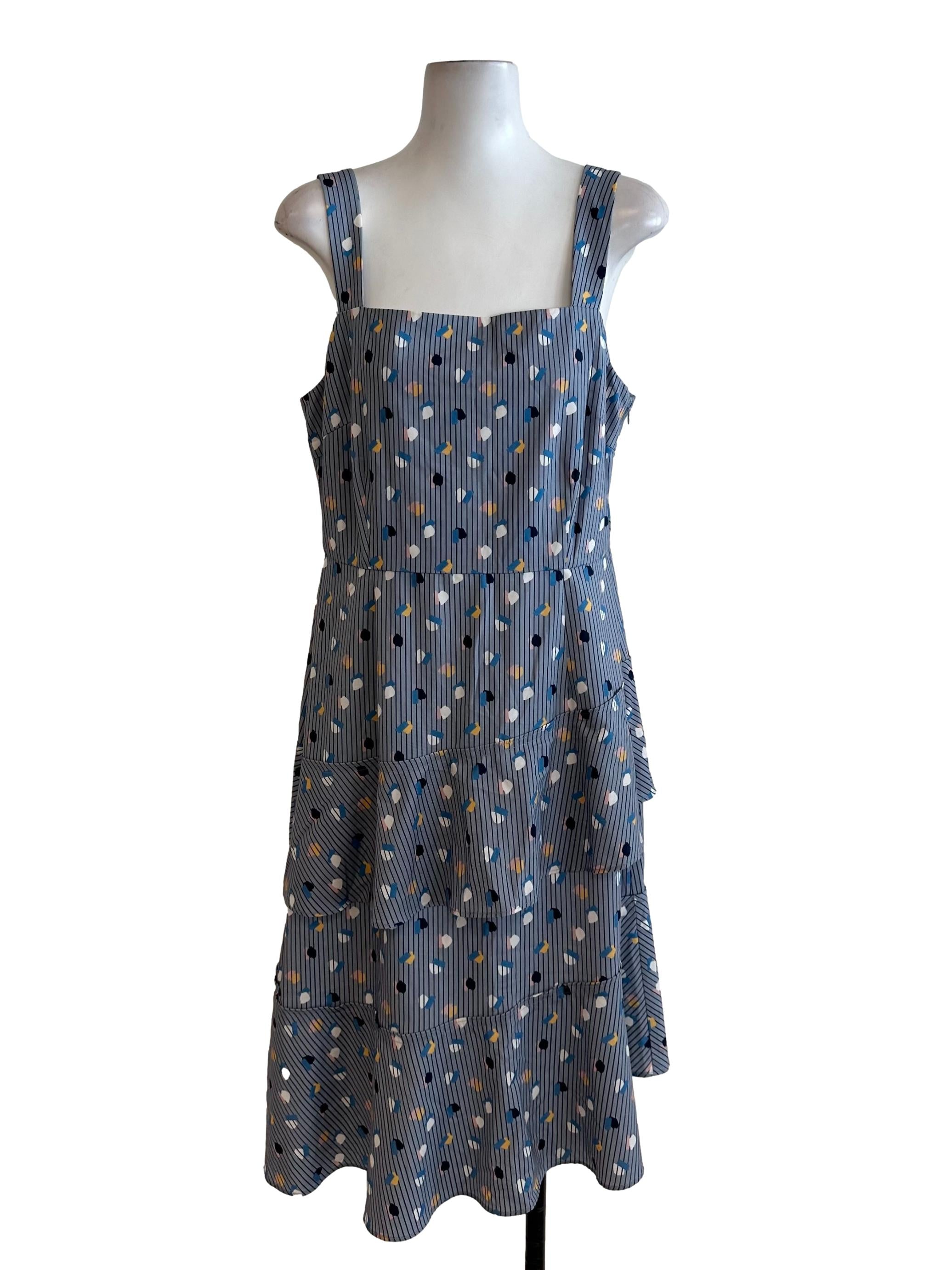 Ash Blue Pattern Square Neck Layered Dress