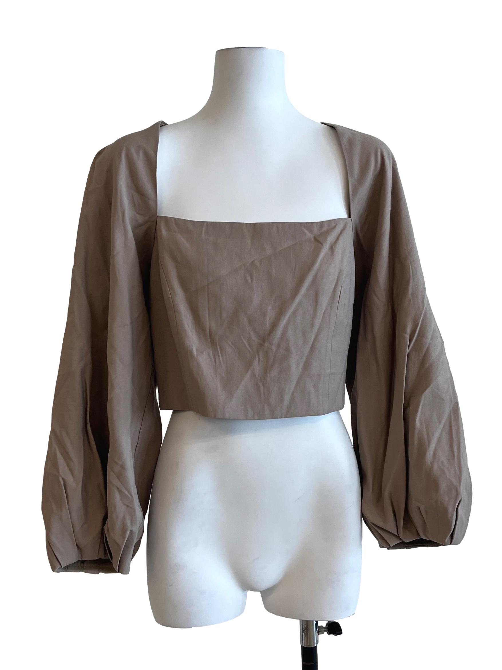 Peanut Brown Square Neck Long Sleeve Top