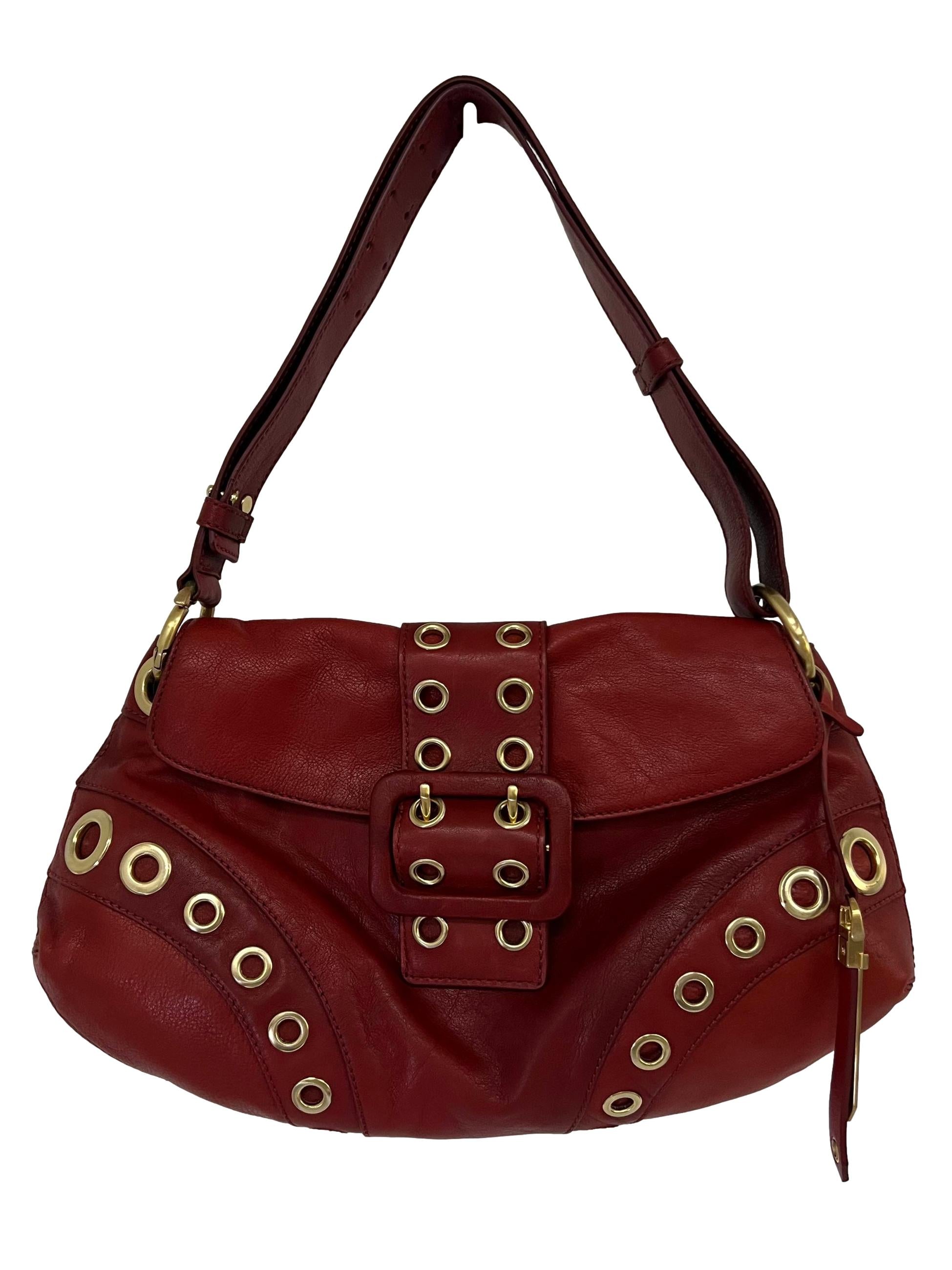Red Leather Grommet Buckle Shoulder Bag CSN
