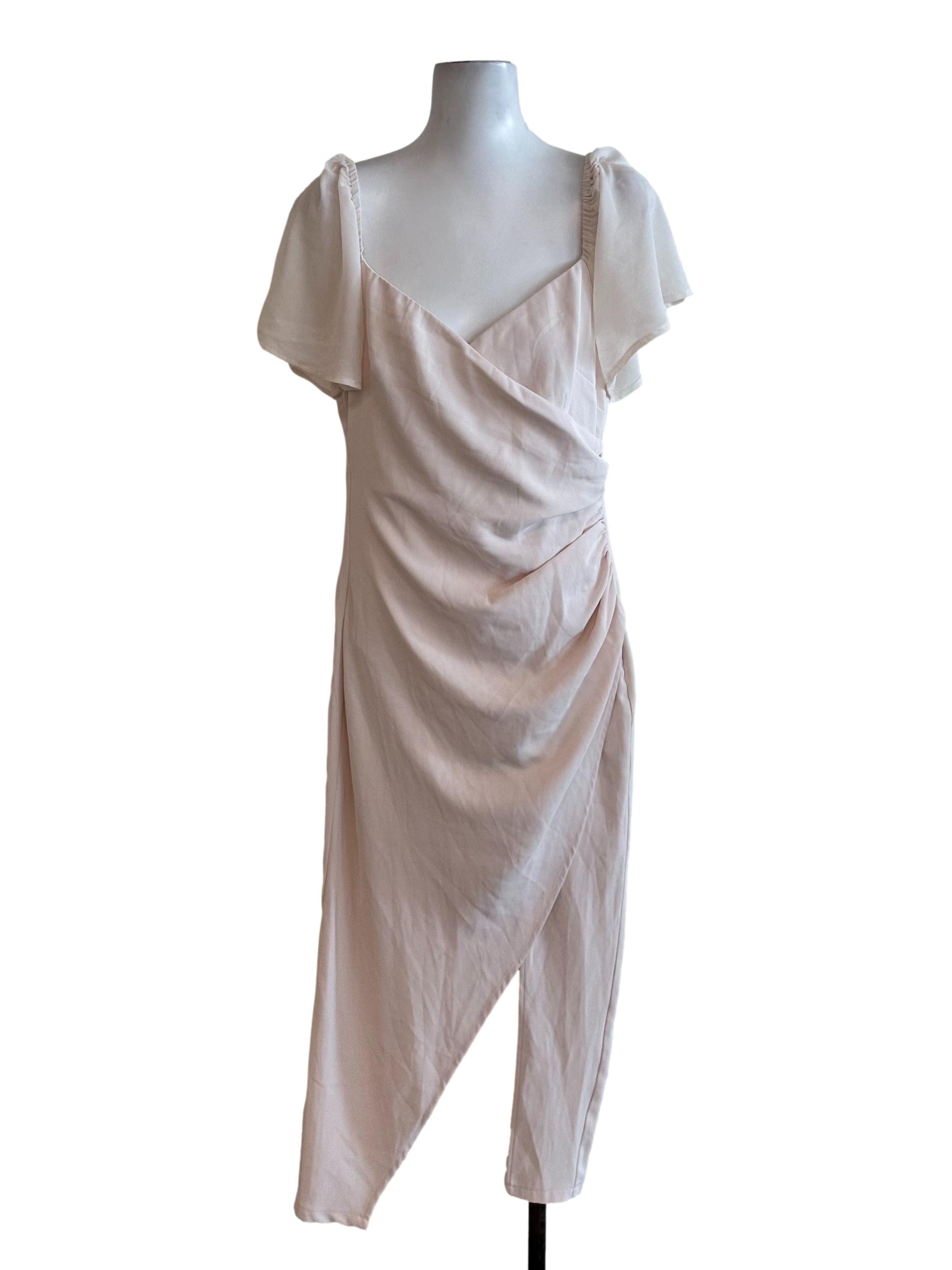 Sepia Beige V Neck Side Drape Slit Dress