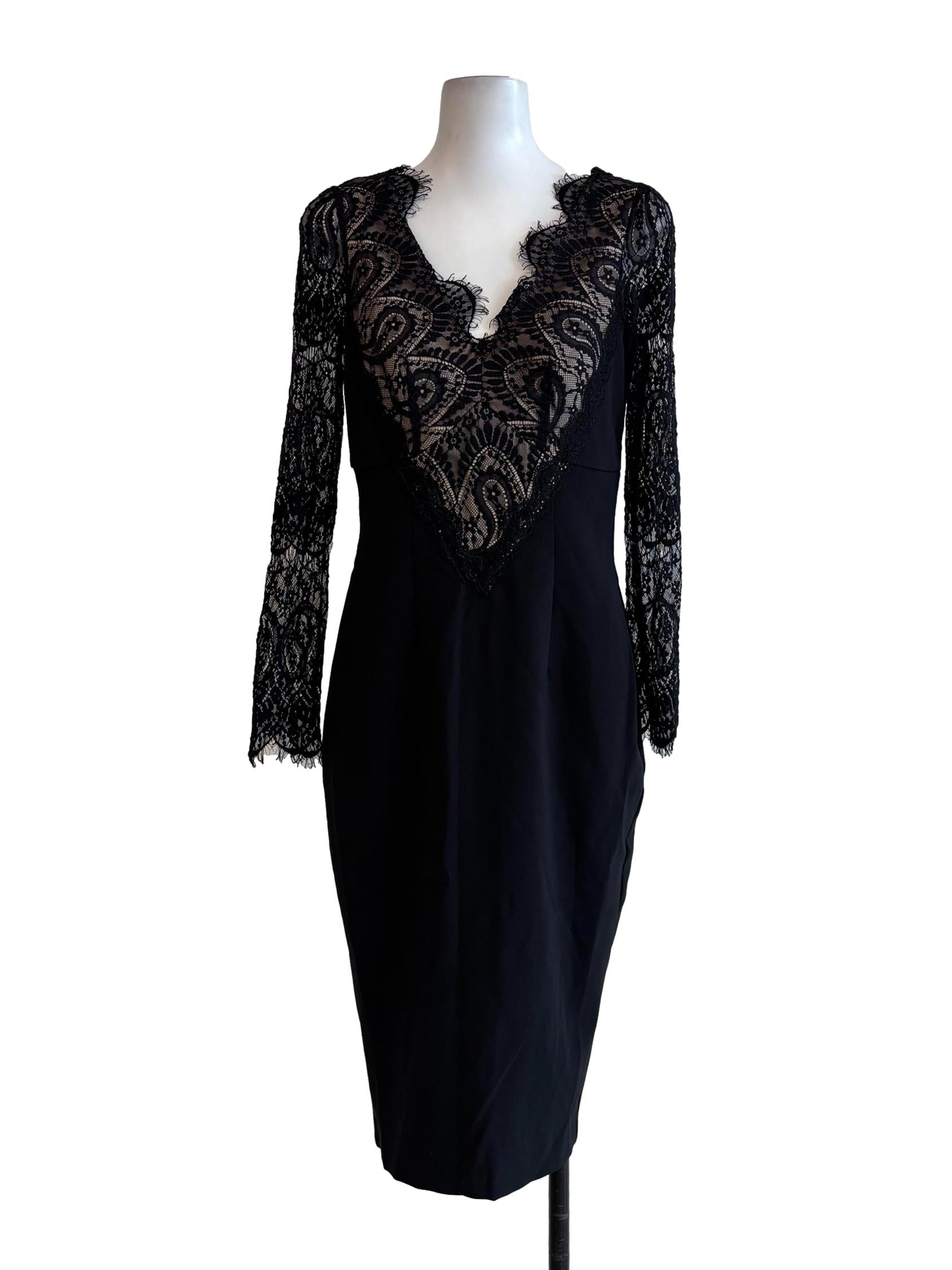Jet Black Lace Neckline Pencil Dress