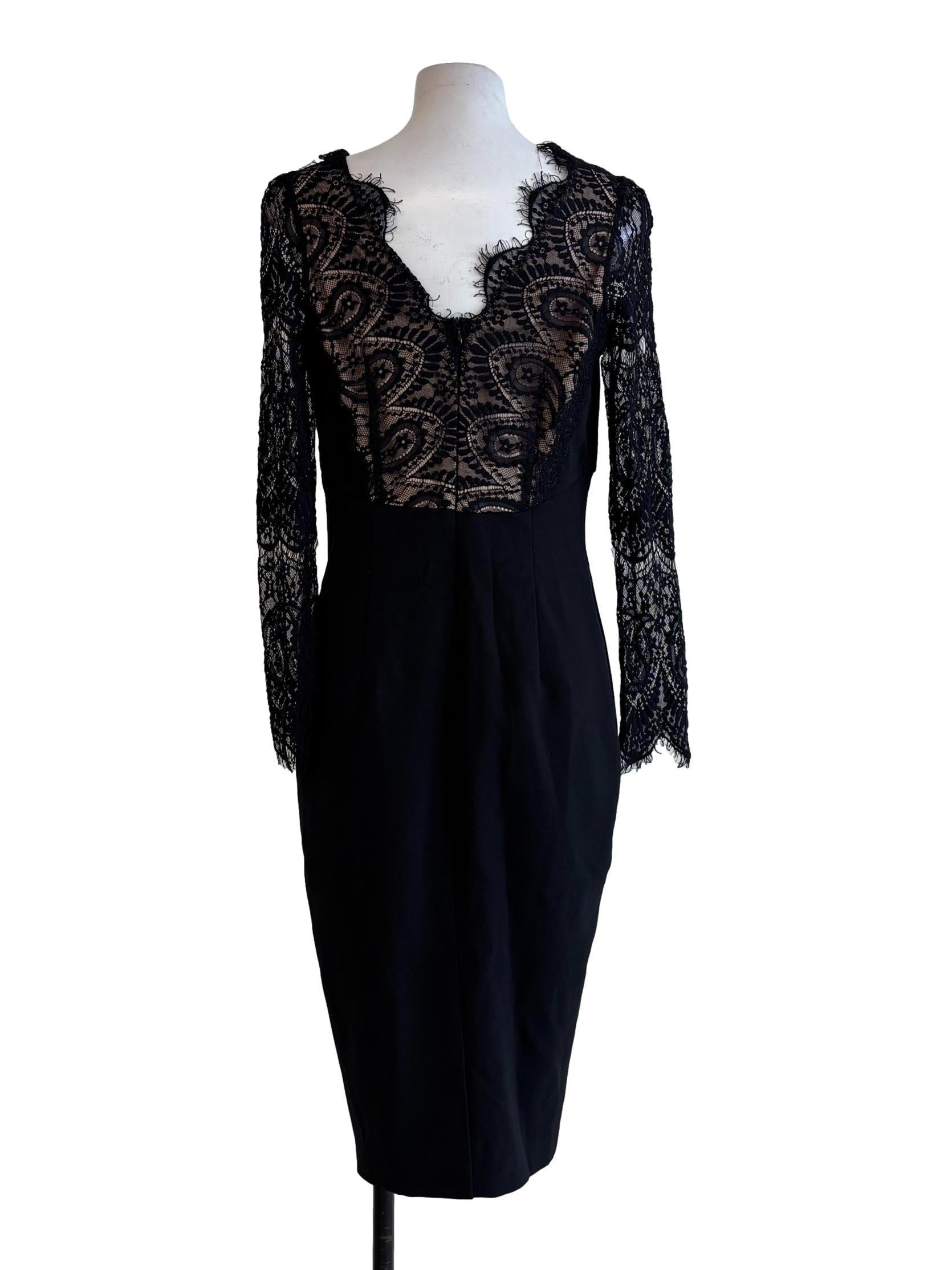Jet Black Lace Neckline Pencil Dress