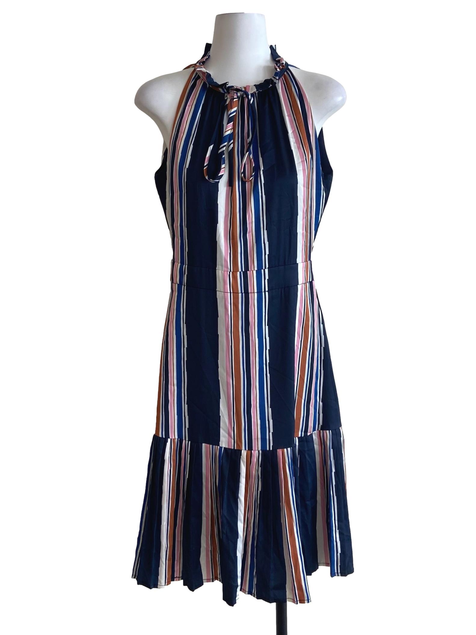 Navy Blue & Colorful Stripe Drop Waist Dress