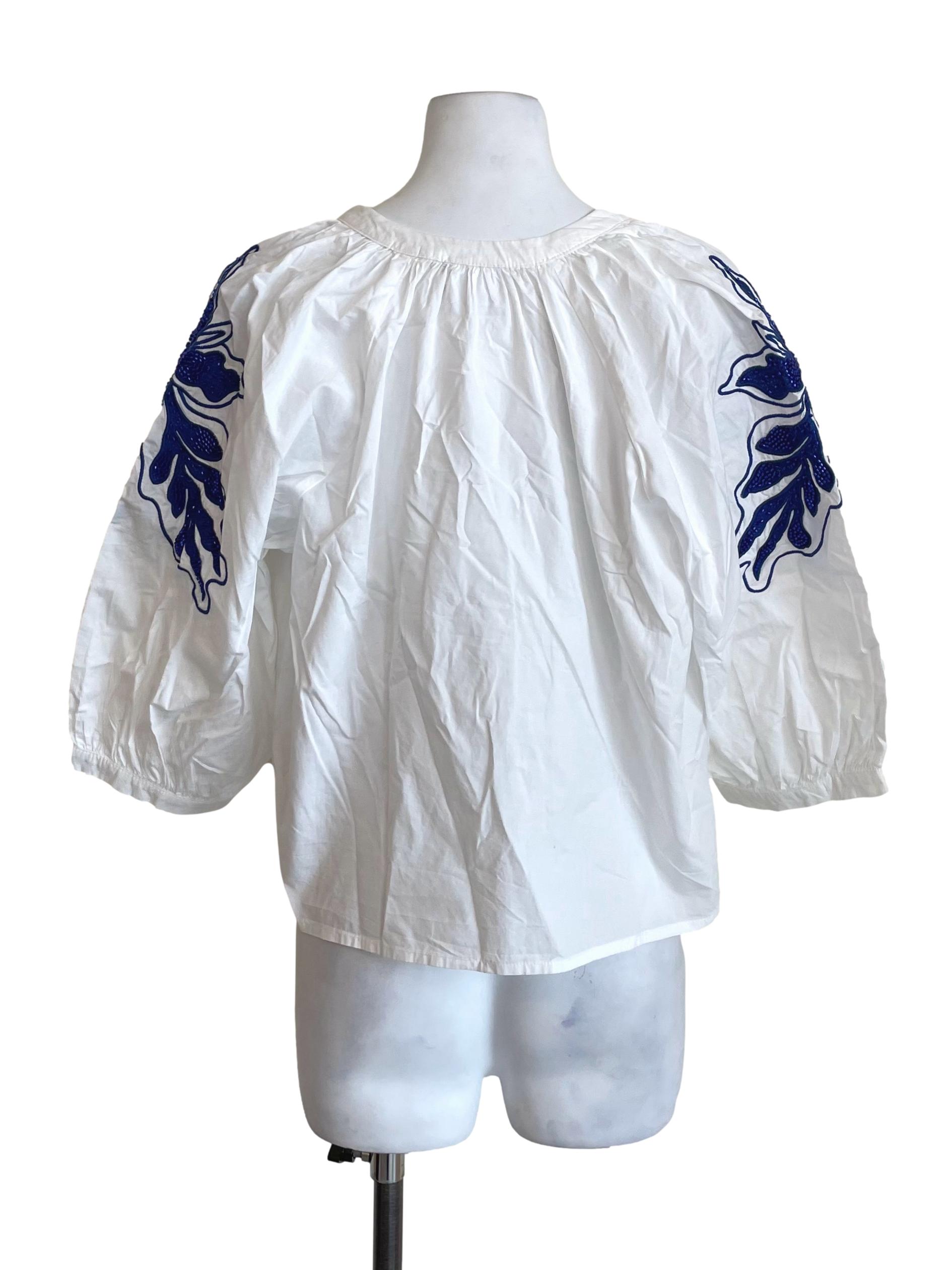 White & Berry Blue Beaded Peasant Crop Top