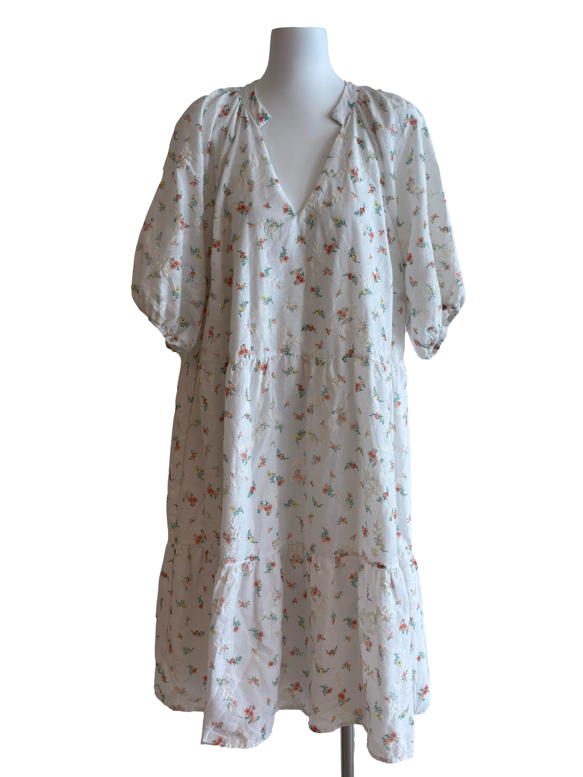 White Floral Print Tiered Dress