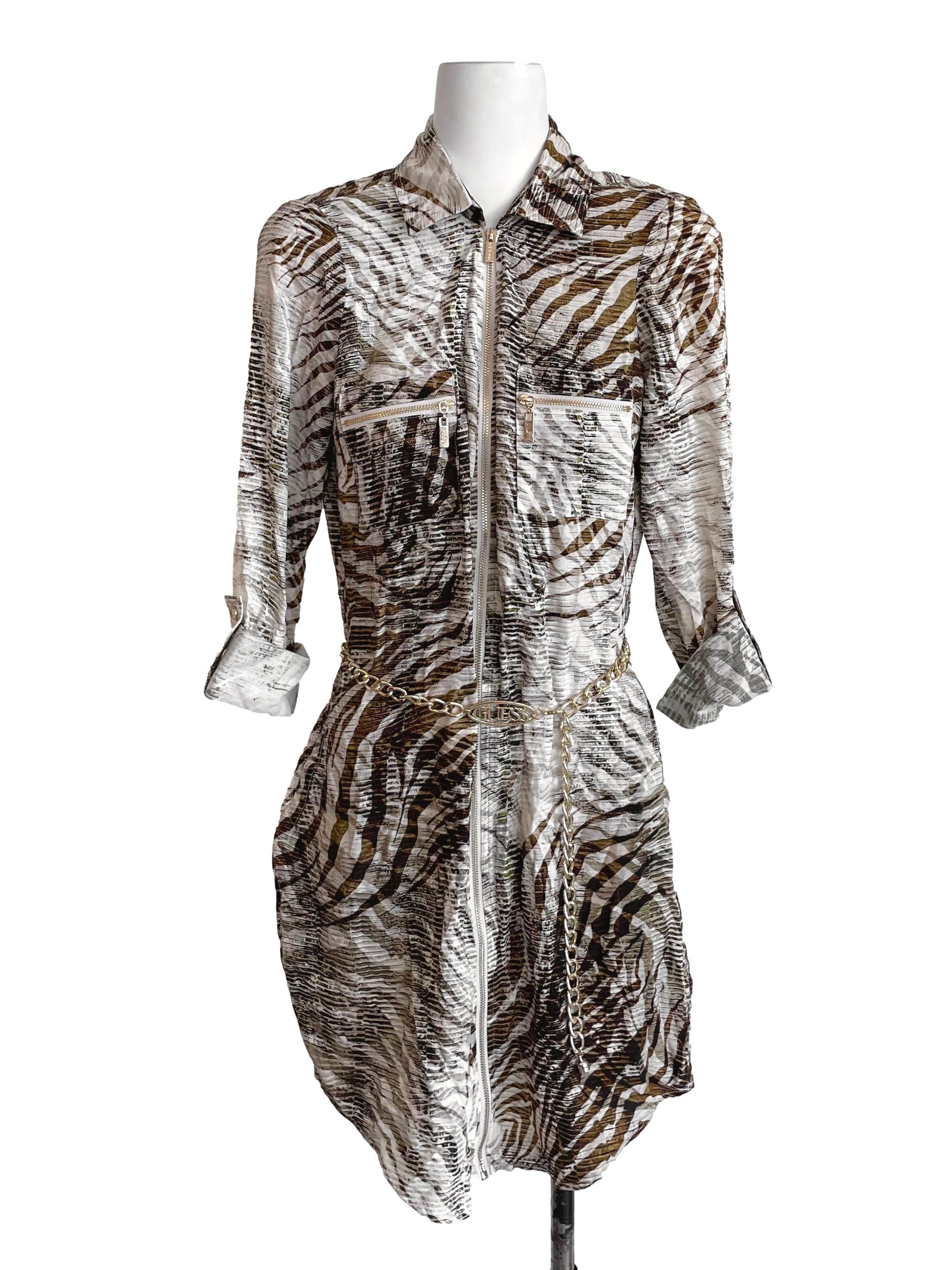 Beige Printed Bust Pocket Shirt Dress