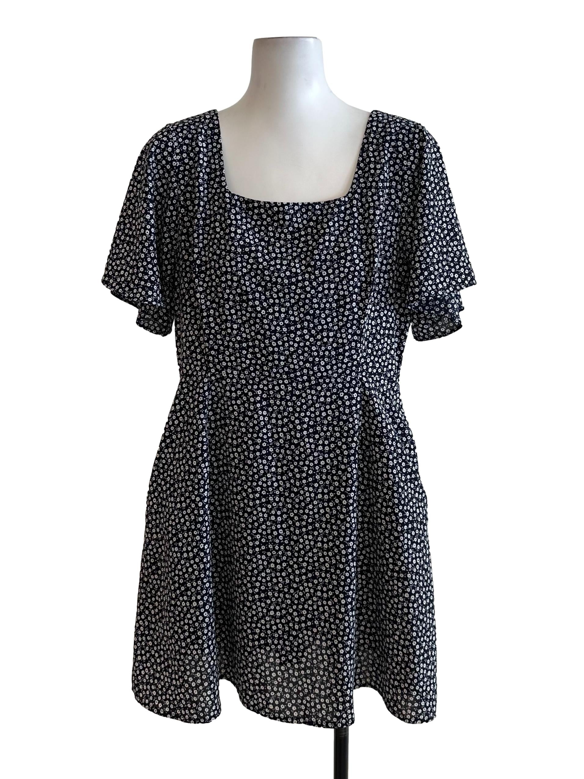 Midnight Blue Floral Pattern Square Neck Dress
