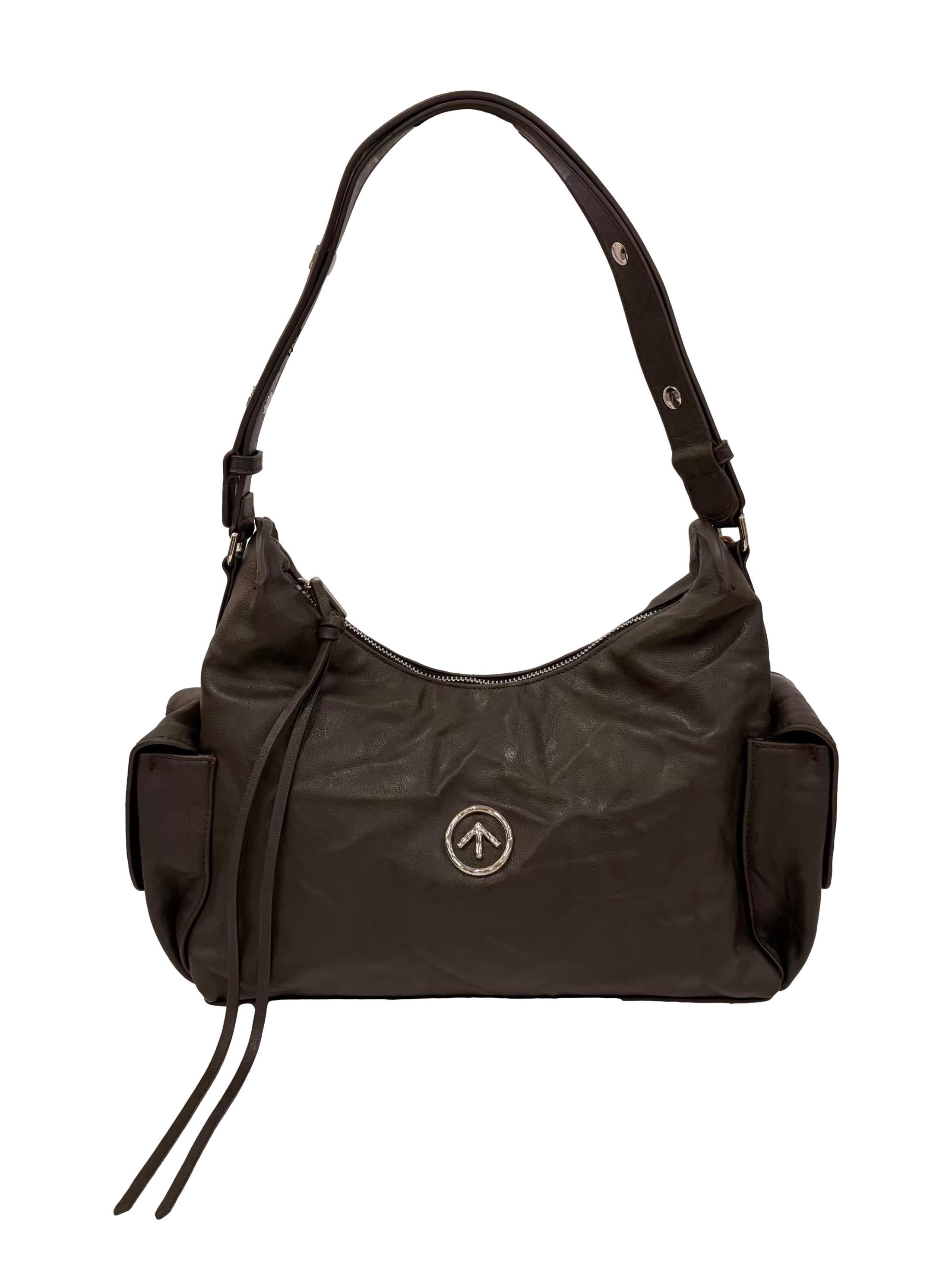 Charcoal Brown Stone Leather Hobo Shoulder Bag