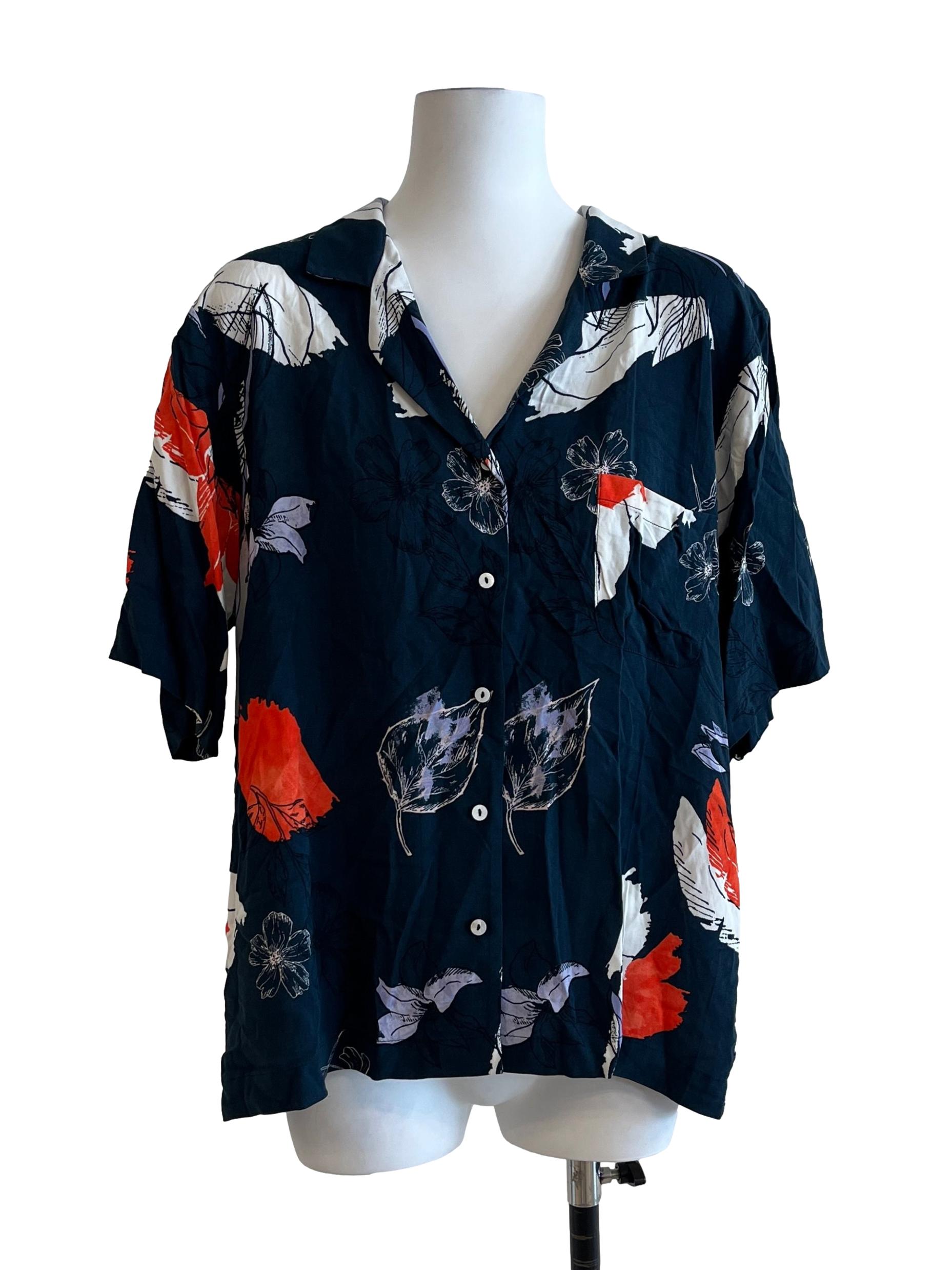 Dark Blue Floral Printed Short Sleeve Top